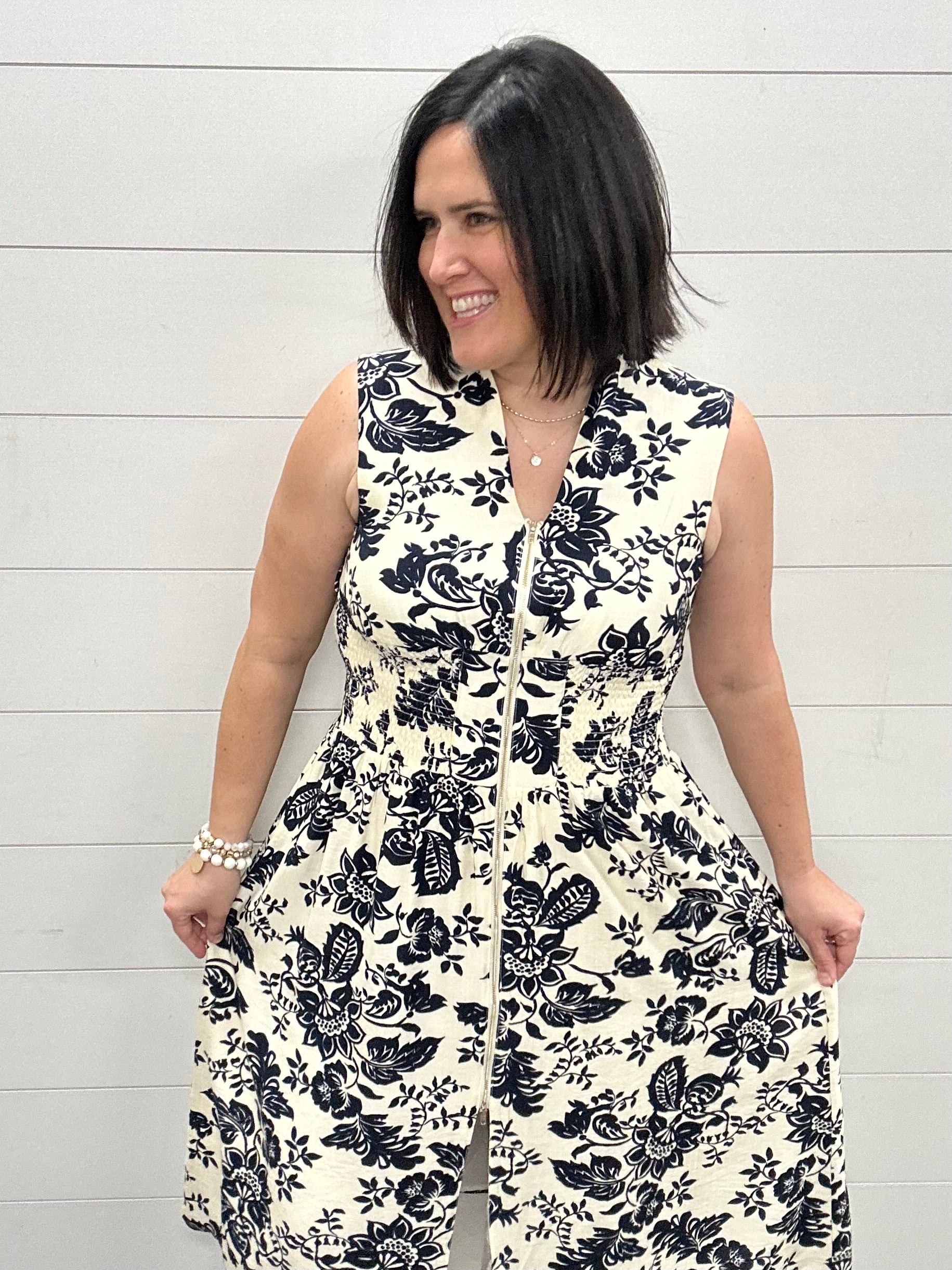 Paisley Print V-Neck Smocked Waist Zip Front Dress Dresses DOE & RAE