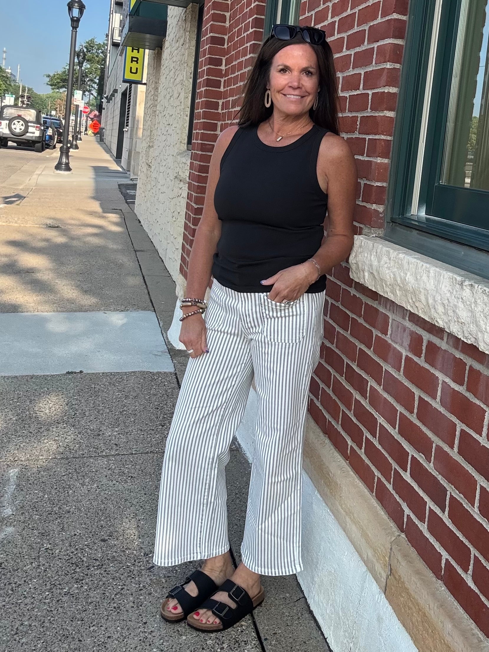 Gray Striped Wide Leg Jeans Bottom- Pants MICA DENIM