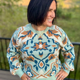 Sage/Gold Puff Sleeve Knit Sweater Top - Sweater VOY