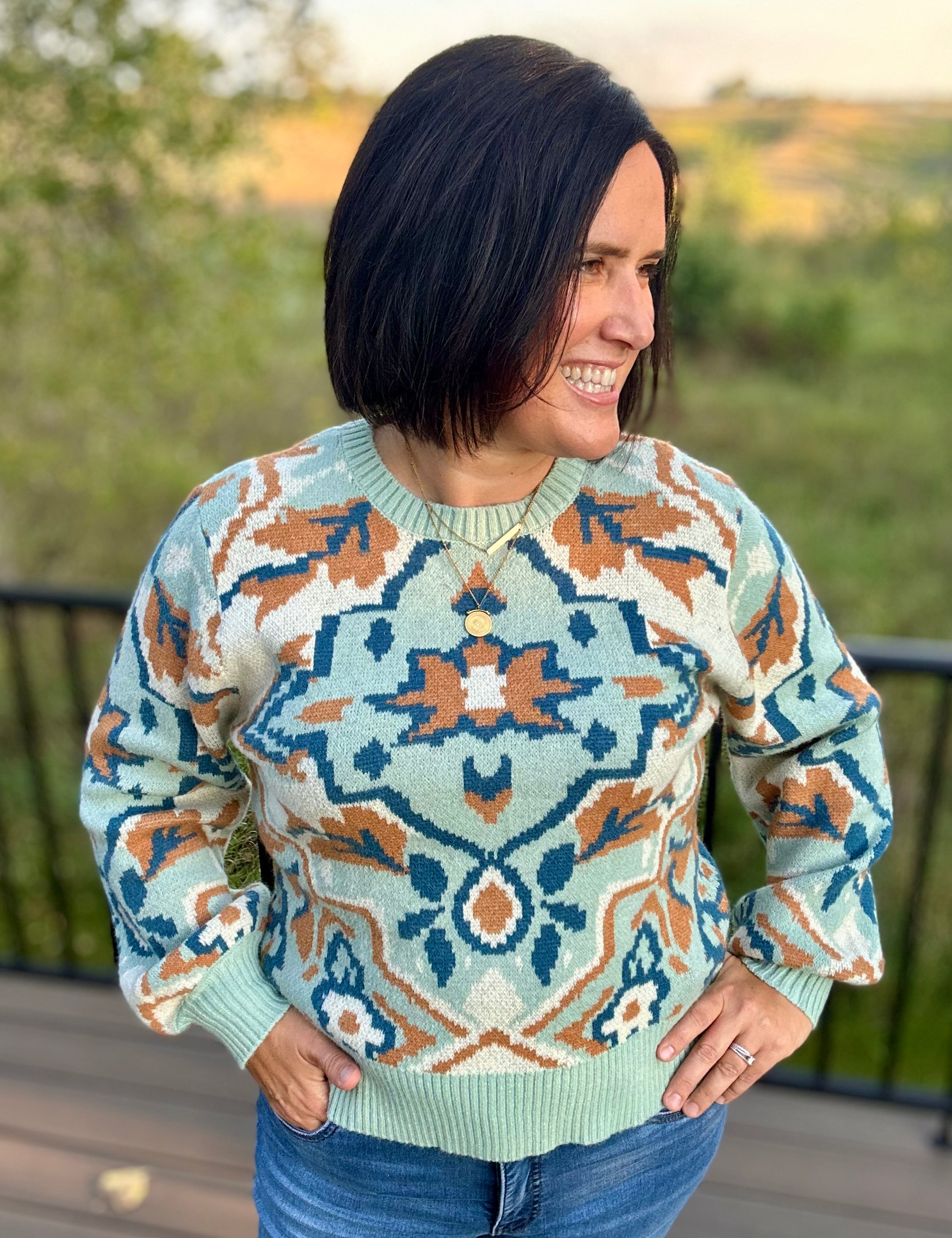 Sage/Gold Puff Sleeve Knit Sweater Top - Sweater VOY