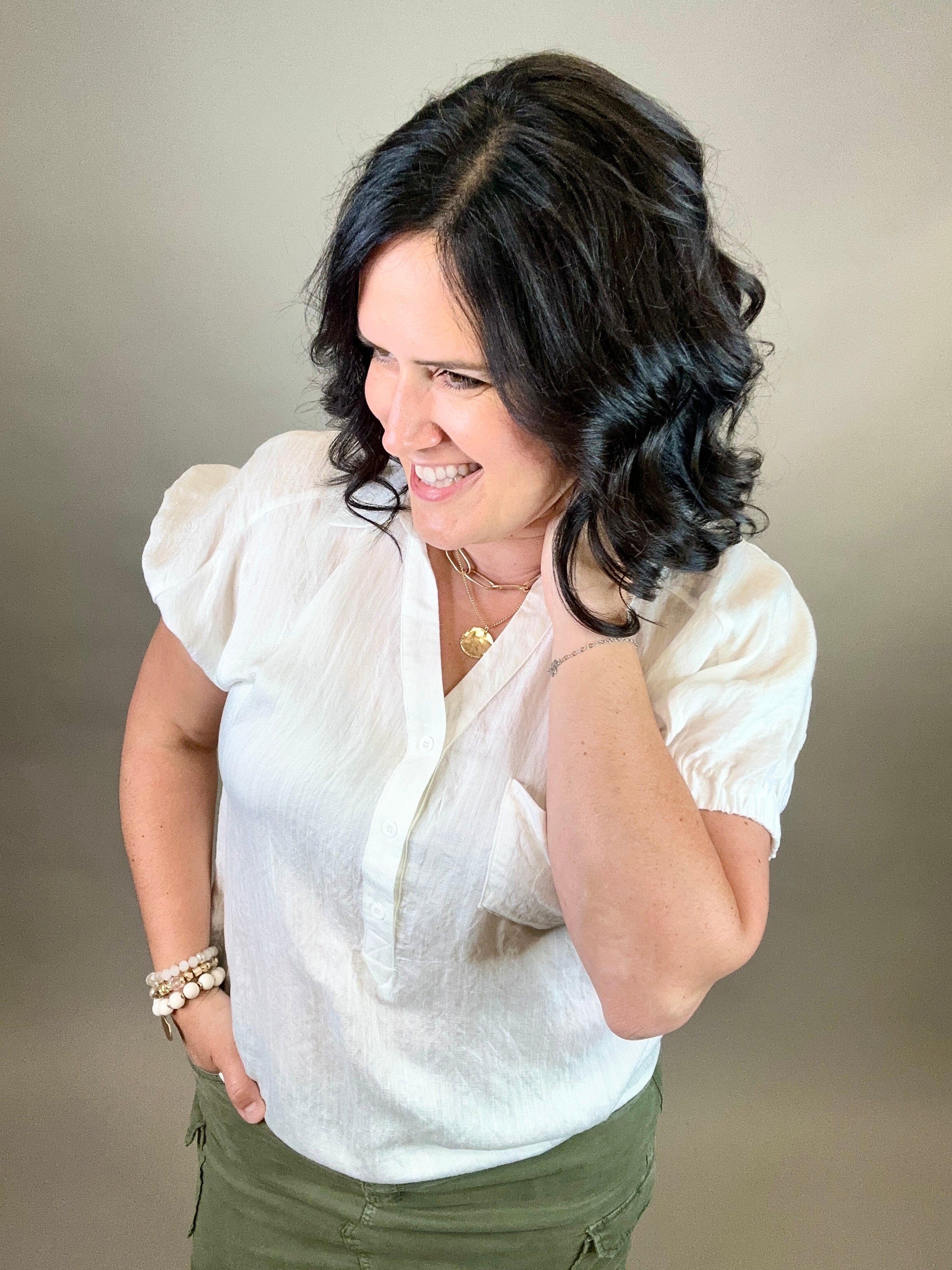 White Collared V Neck Crinkle Blouse