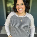Taupe & Black Stripe Raglan Crew Sweater Top - Sweater STACCATO