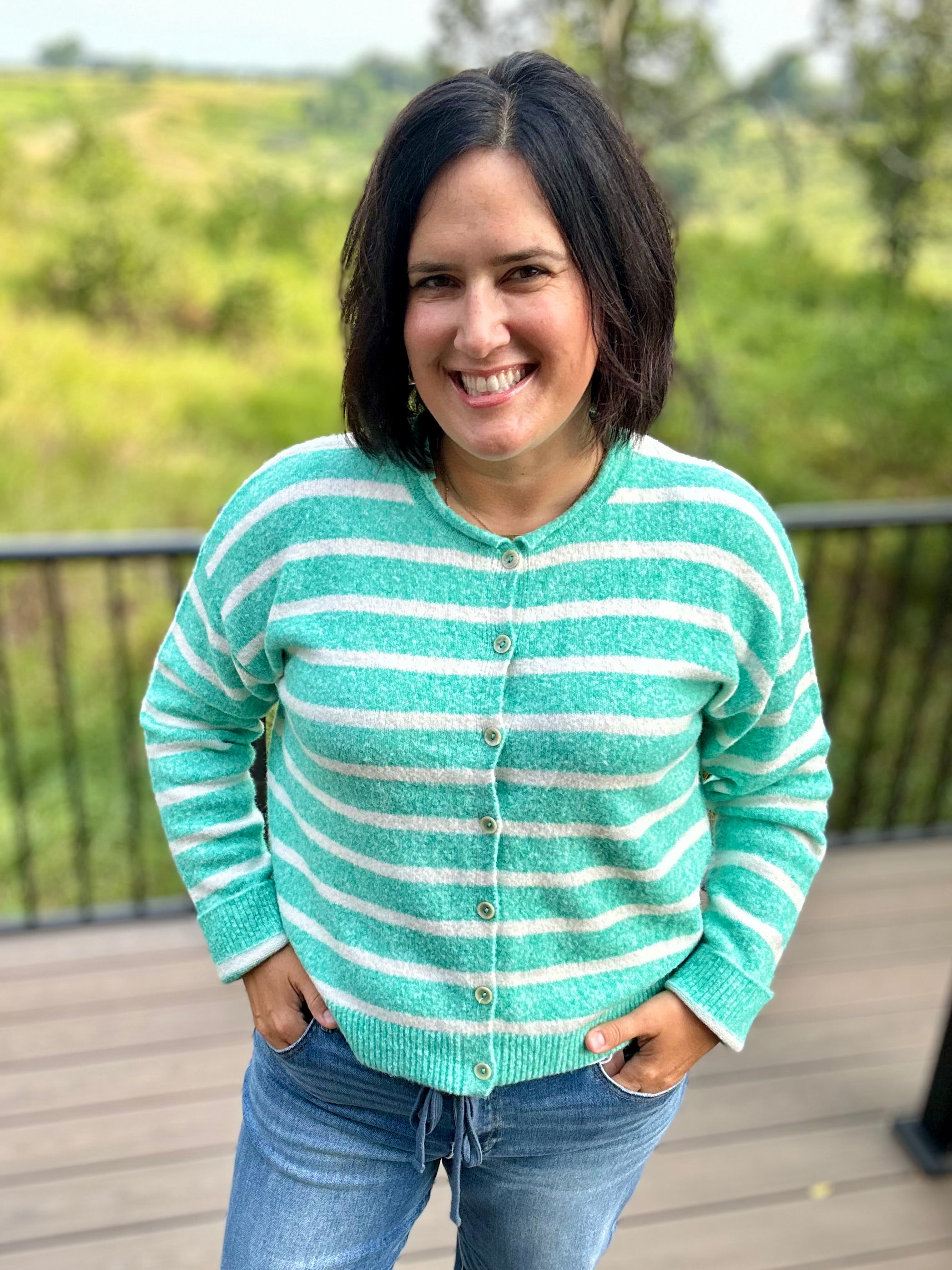 Green Cream Stripe Cardigan Sweater Tops- Cardigans WISHLIST