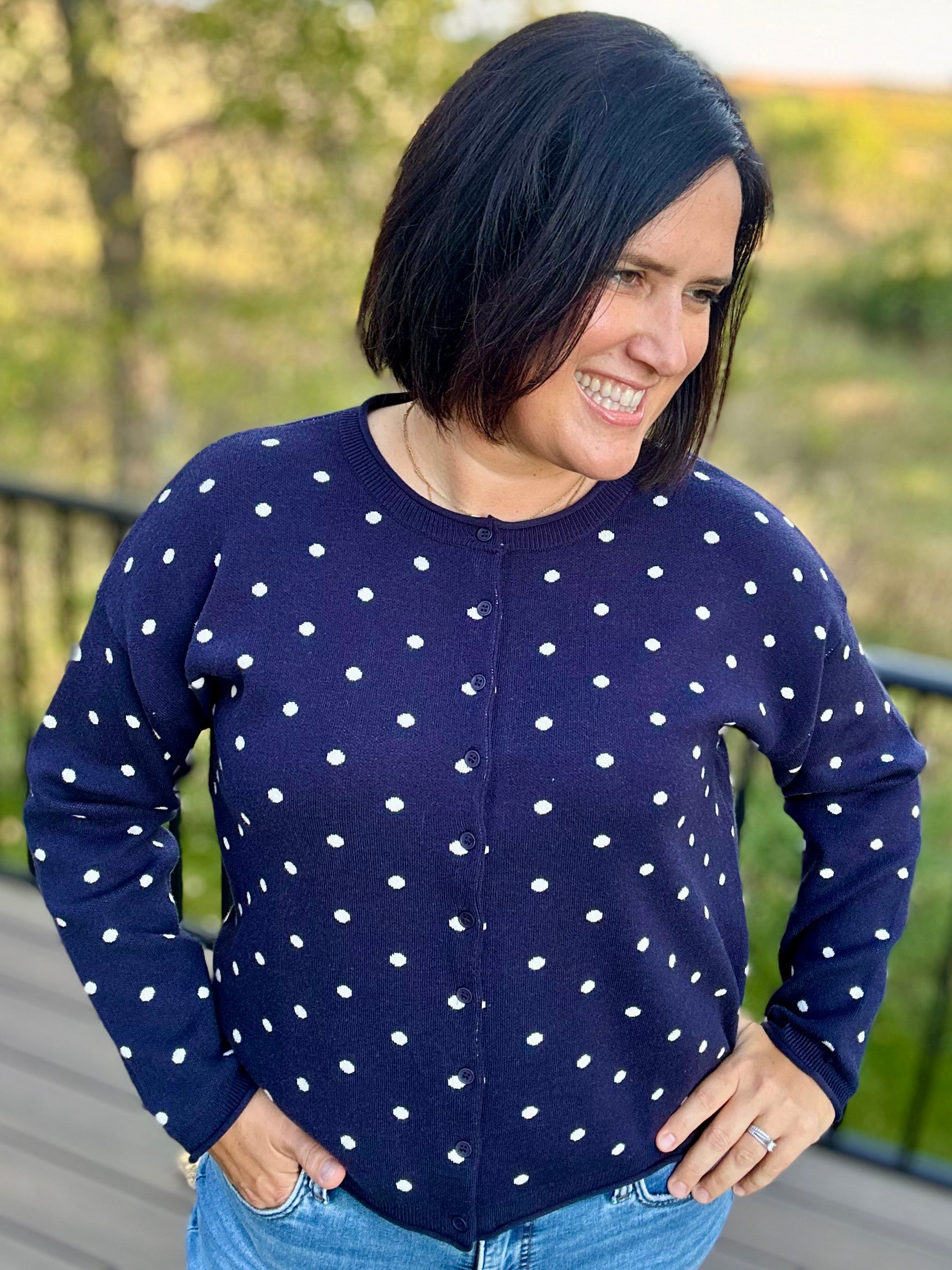 Navy Polka Dot Button Front Cardigan Tops- Cardigans Pologram