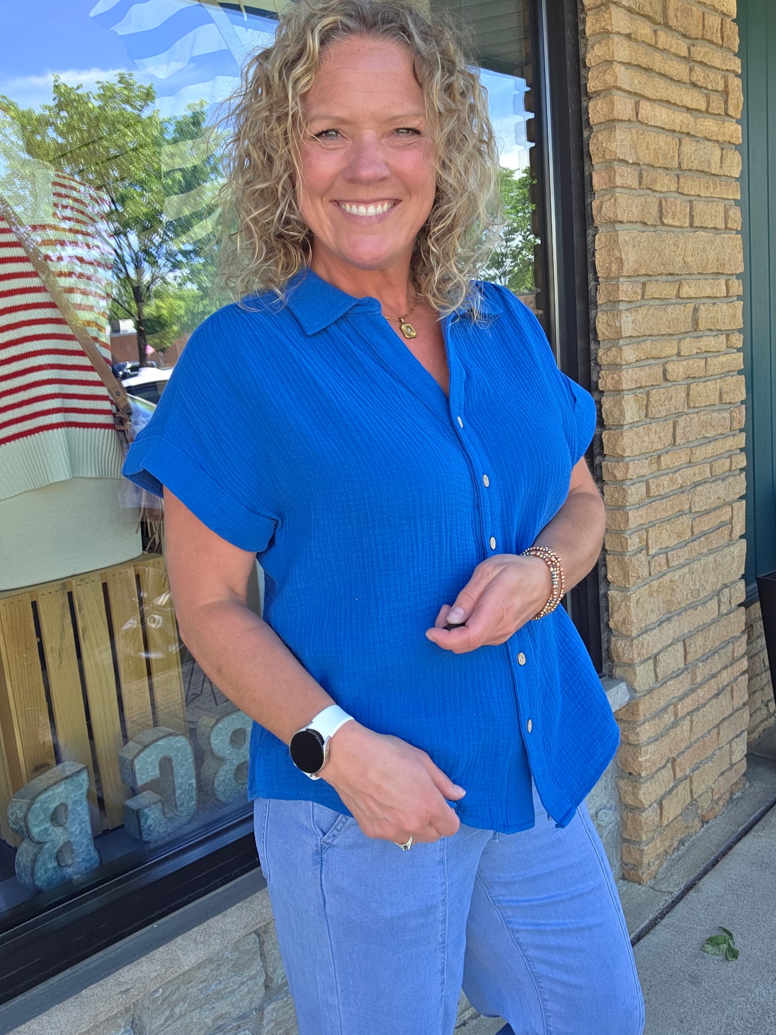 Blue Gauze Button Down Top Tops - Button Ups COZY CO.
