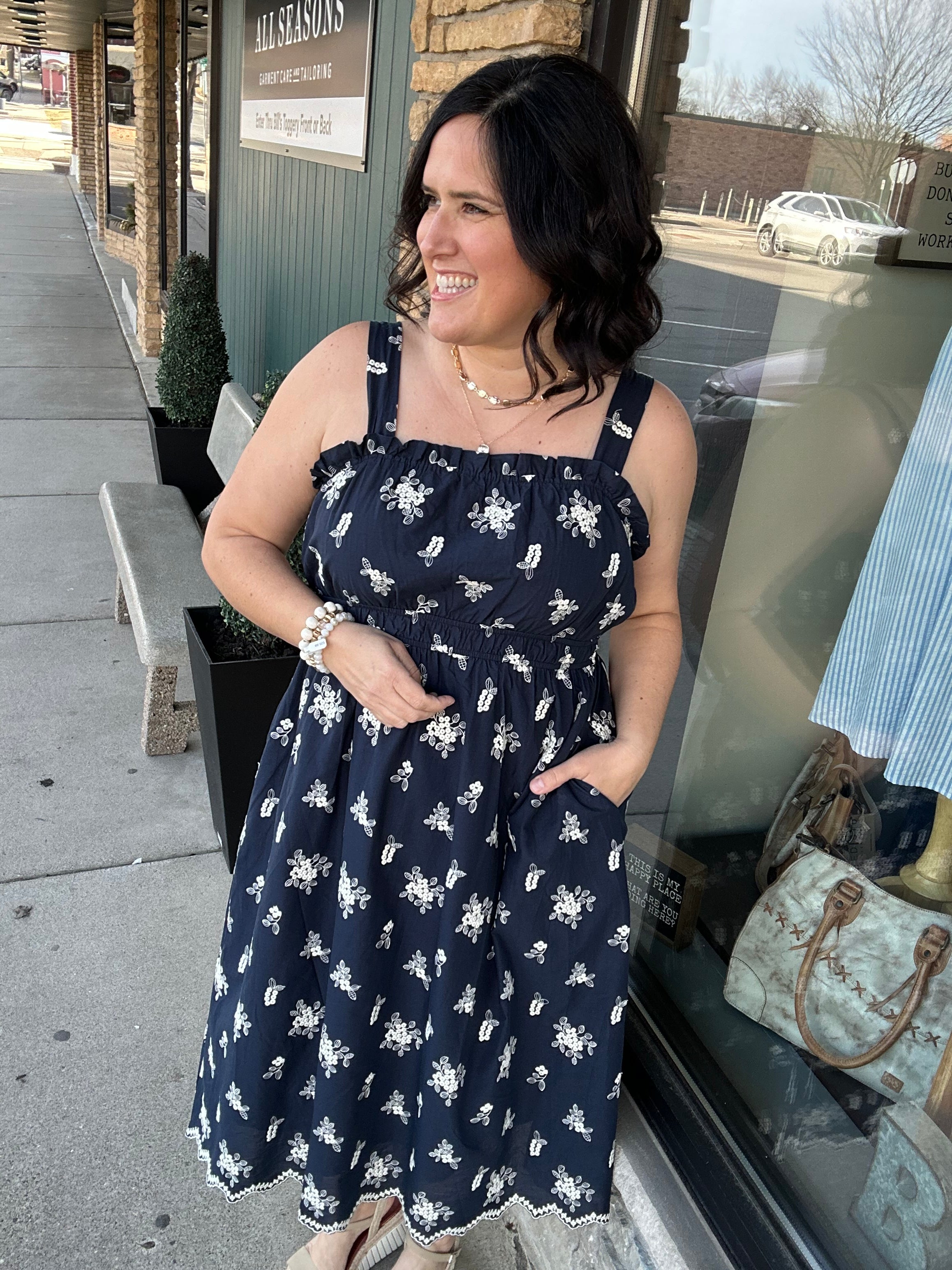 Navy Emroidered Eyelet Tie Dress Dresses DOE & RAE