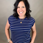 Navy Striped Short Sleeve Sweater Top - Sweater STACCATO