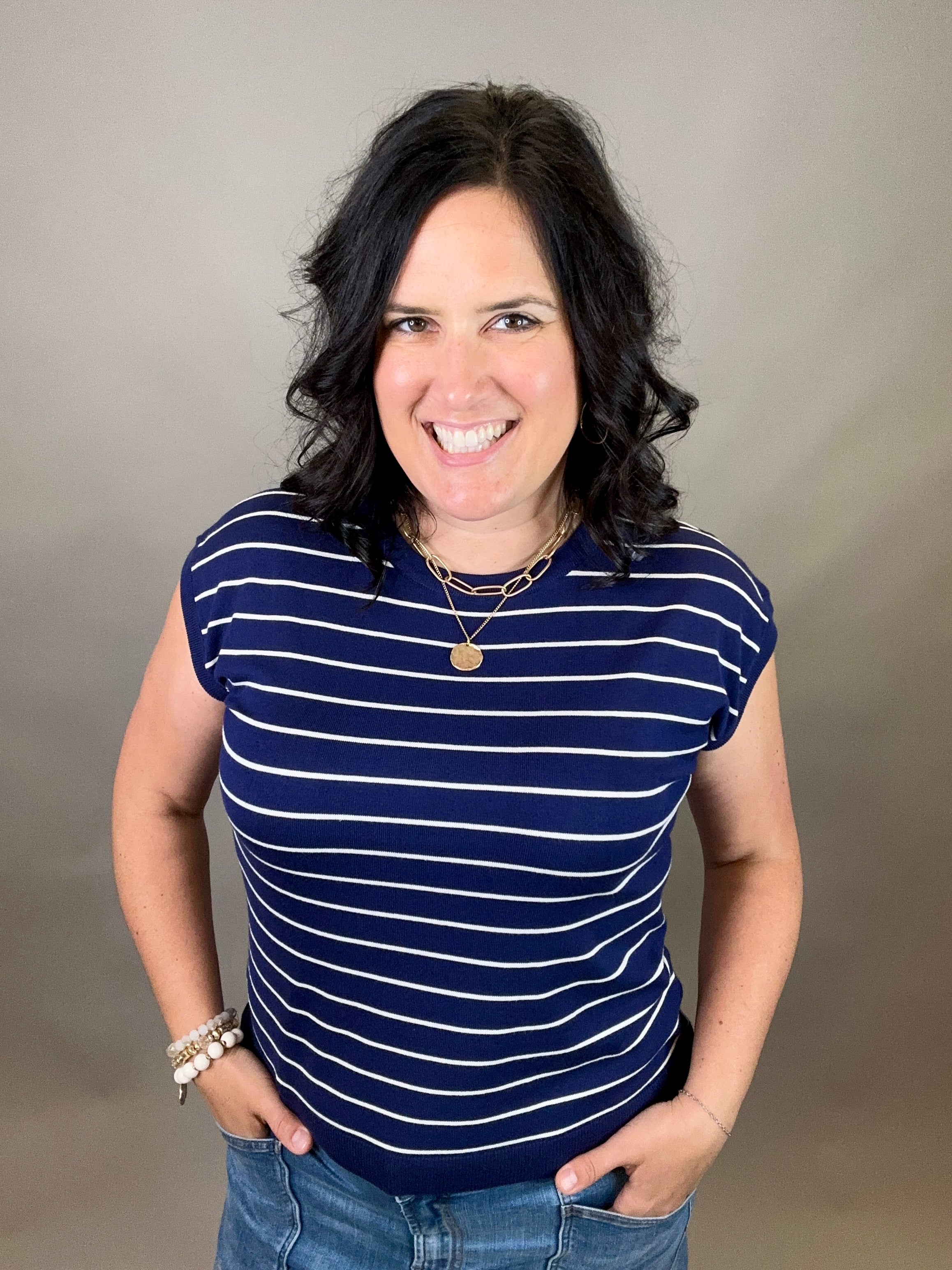 Navy Striped Short Sleeve Sweater Top - Sweater STACCATO