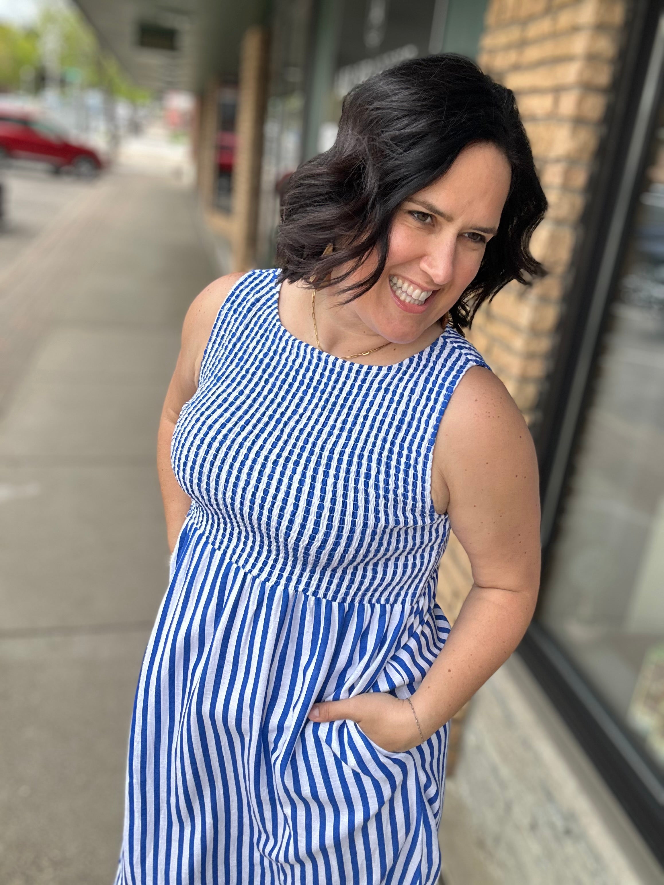 Blue & White Striped Midi Dress Dresses THML