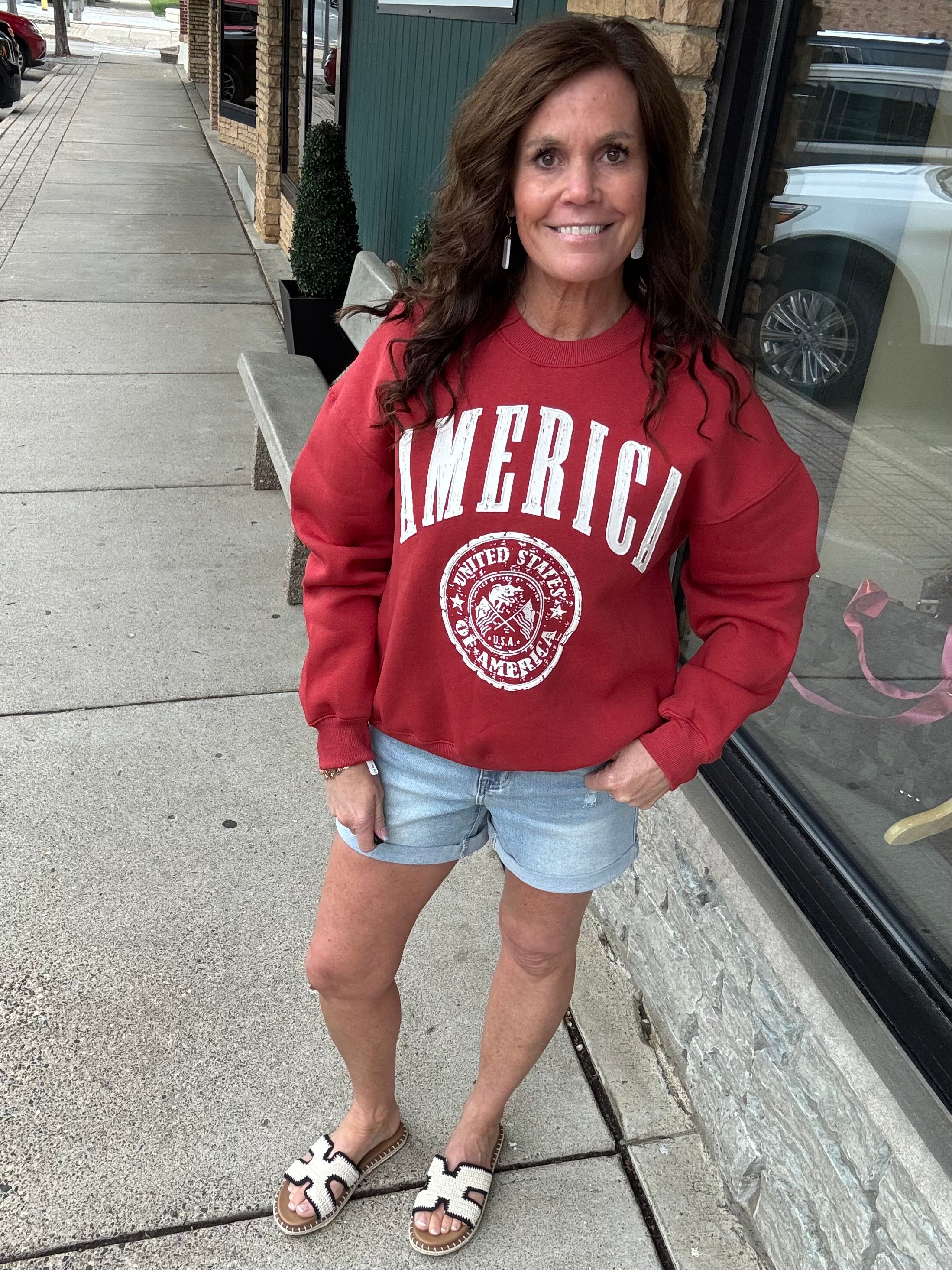 Red America Graphic Fleece Sweatshirt Top- Sweatshirt BUCKETLIST