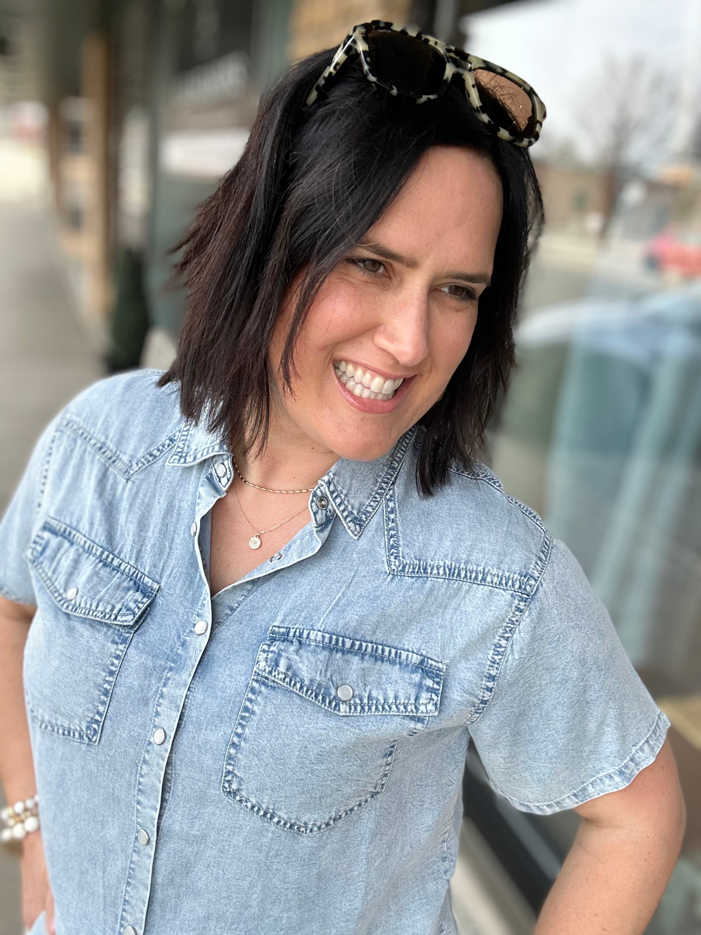 Light Denim Short Sleeve Tencel Denim Shirt Tops - Button Ups DOE & RAE