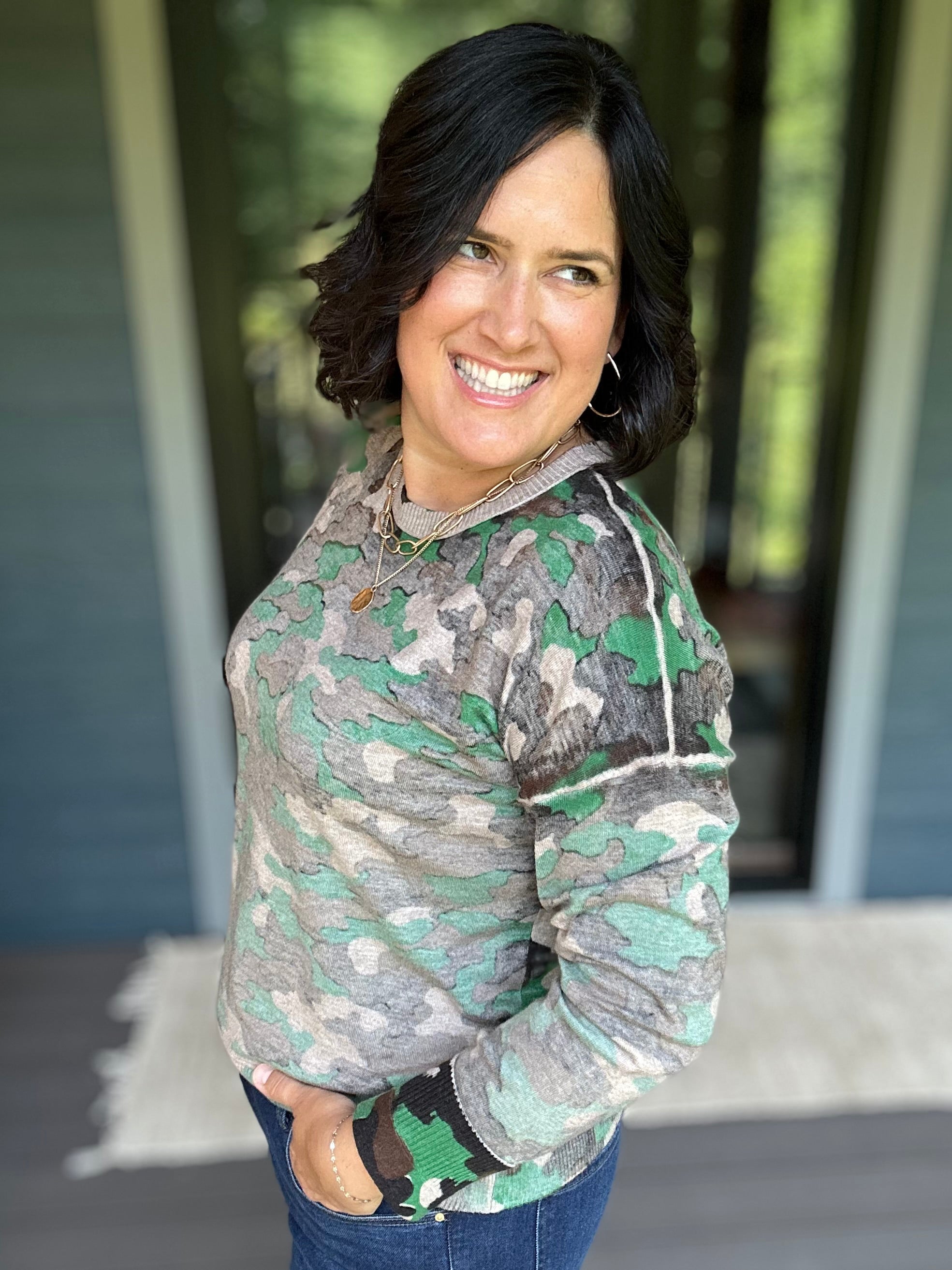 Camo Printed Crew Neck Sweater Top - Sweater FATE by LFD