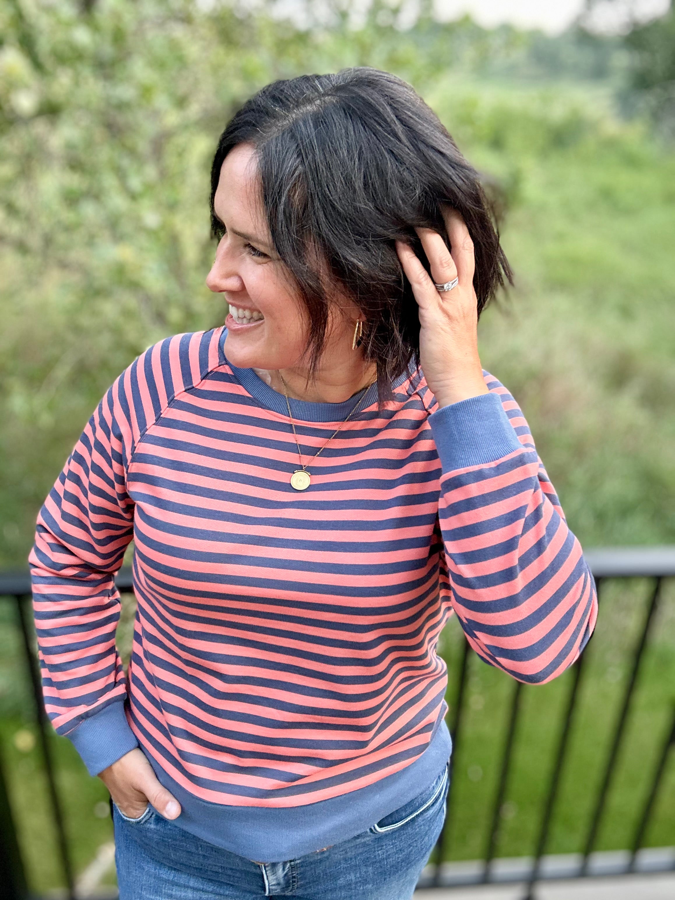 Washed Coral & Denim Stripe Raglan Top Top - Sweatshirt STACCATO