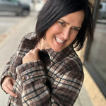Brown Plaid Shirt Collar Button Front Long Coat Outerwear- Jackets HEM & THREAD