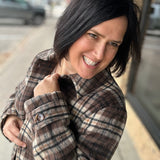 Brown Plaid Shirt Collar Button Front Long Coat Outerwear- Jackets HEM & THREAD