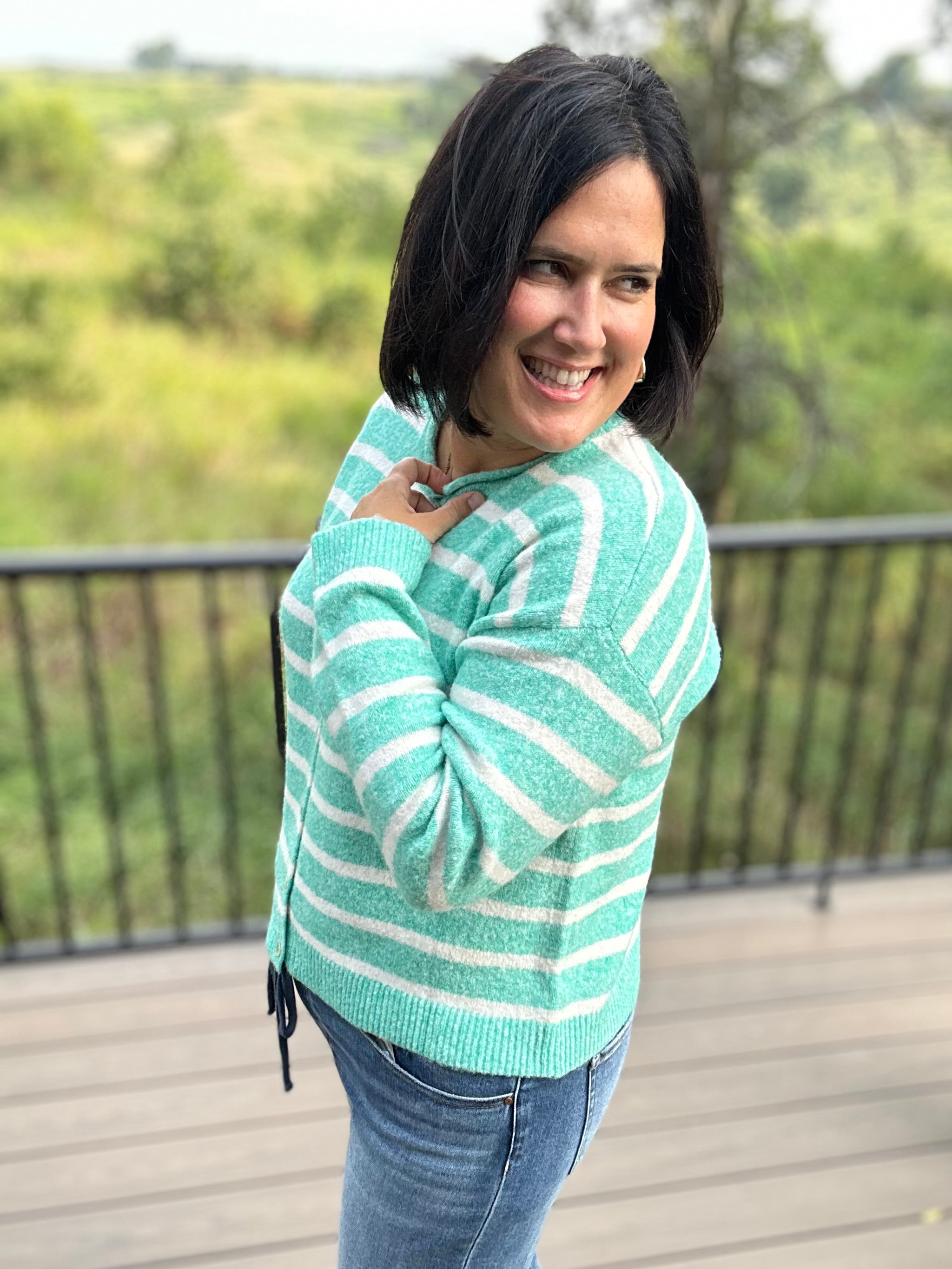 Green Cream Stripe Cardigan Sweater Tops- Cardigans WISHLIST
