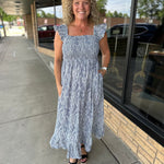 Grey Abstract Print Smocked Midi Dress Dresses DOE & RAE
