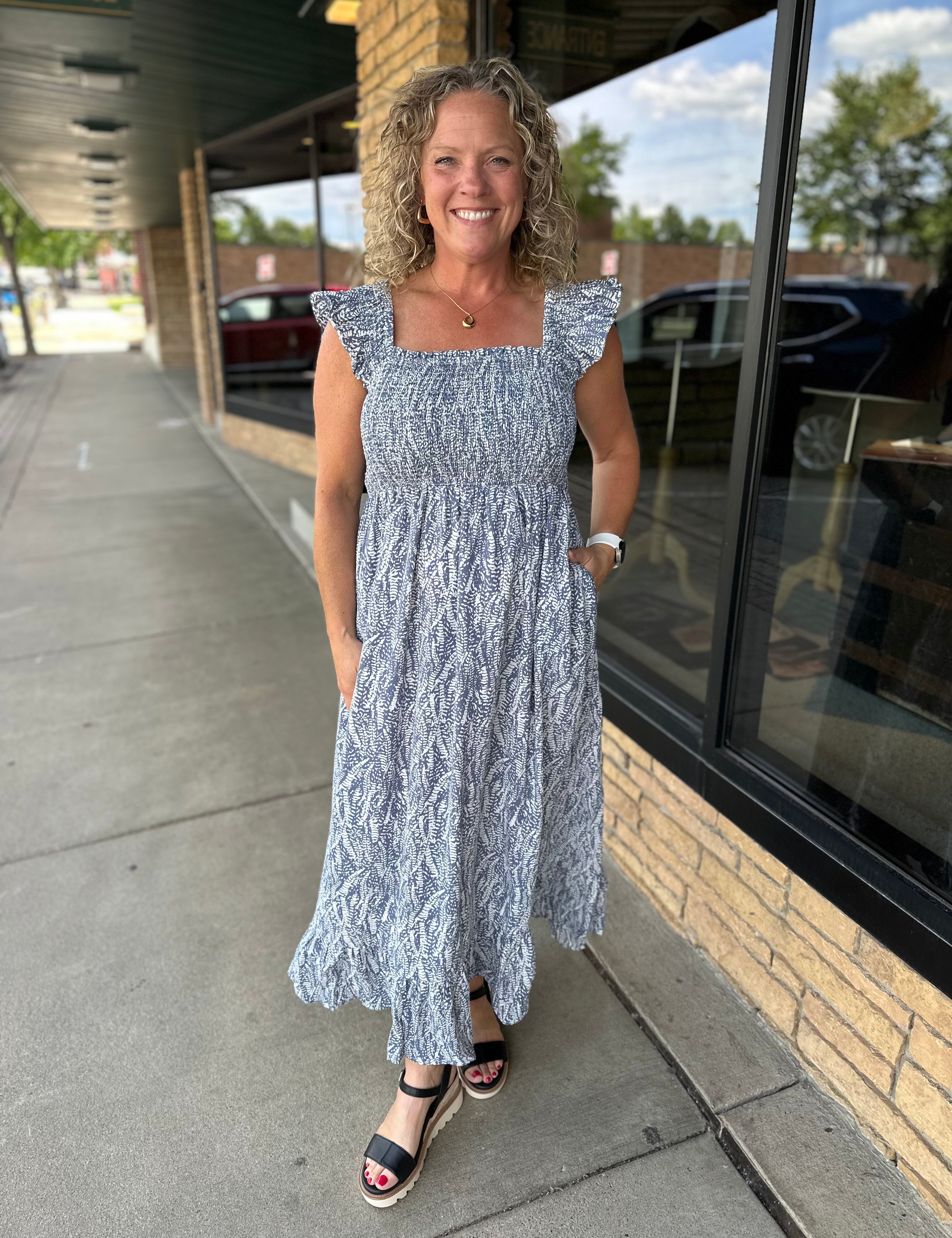 Grey Abstract Print Smocked Midi Dress Dresses DOE & RAE