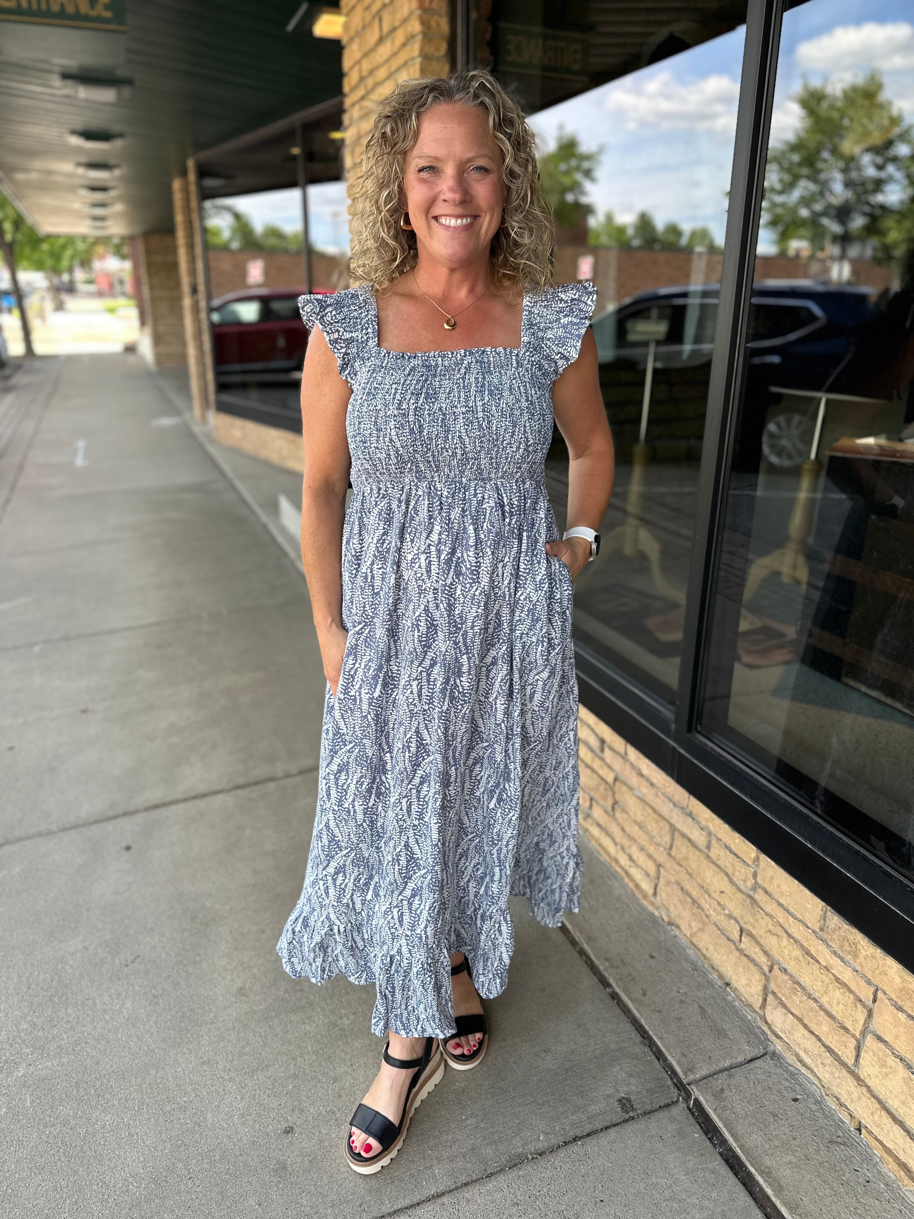 Grey Abstract Print Smocked Midi Dress Dresses DOE & RAE