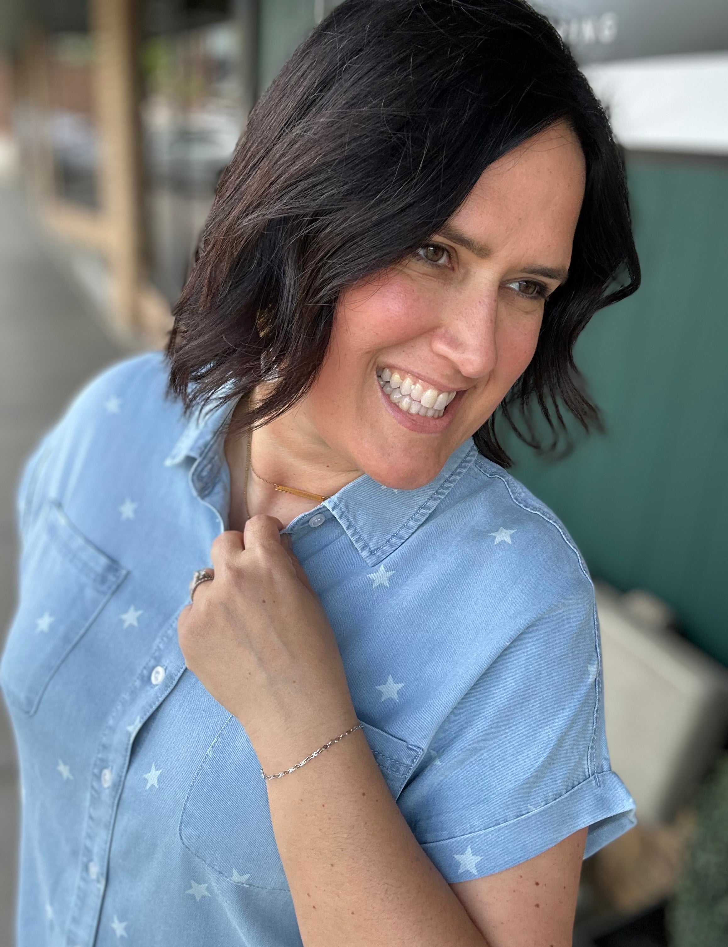 Light Denim Quincy Star Button Down Top Tops - Button Ups FLAG AND ANTHEM