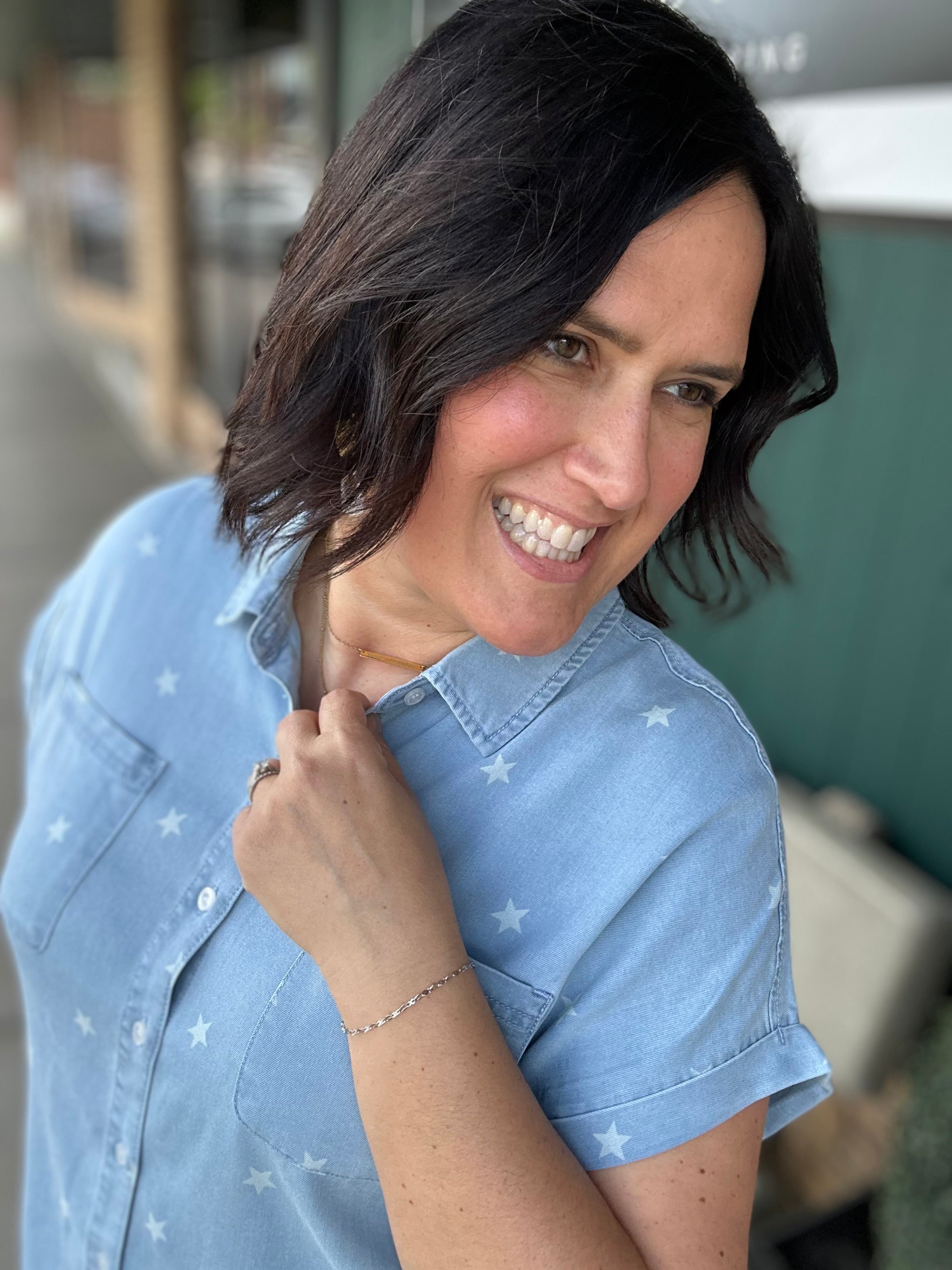 Light Denim Quincy Star Button Down Top Tops - Button Ups FLAG AND ANTHEM