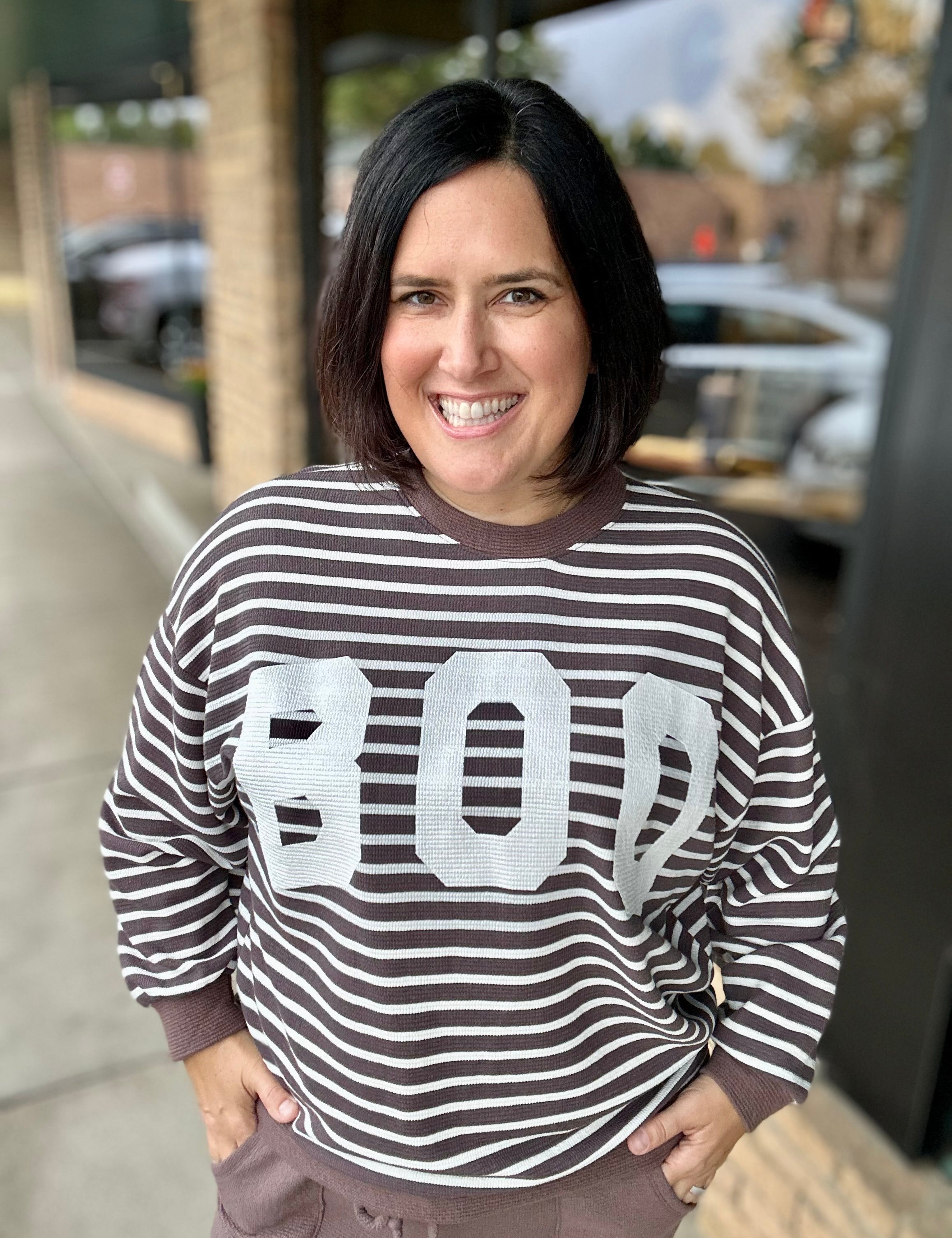BOO Brown Cream Stripe Cloud Knit Top Tops- Long Sleeve TRES BIEN