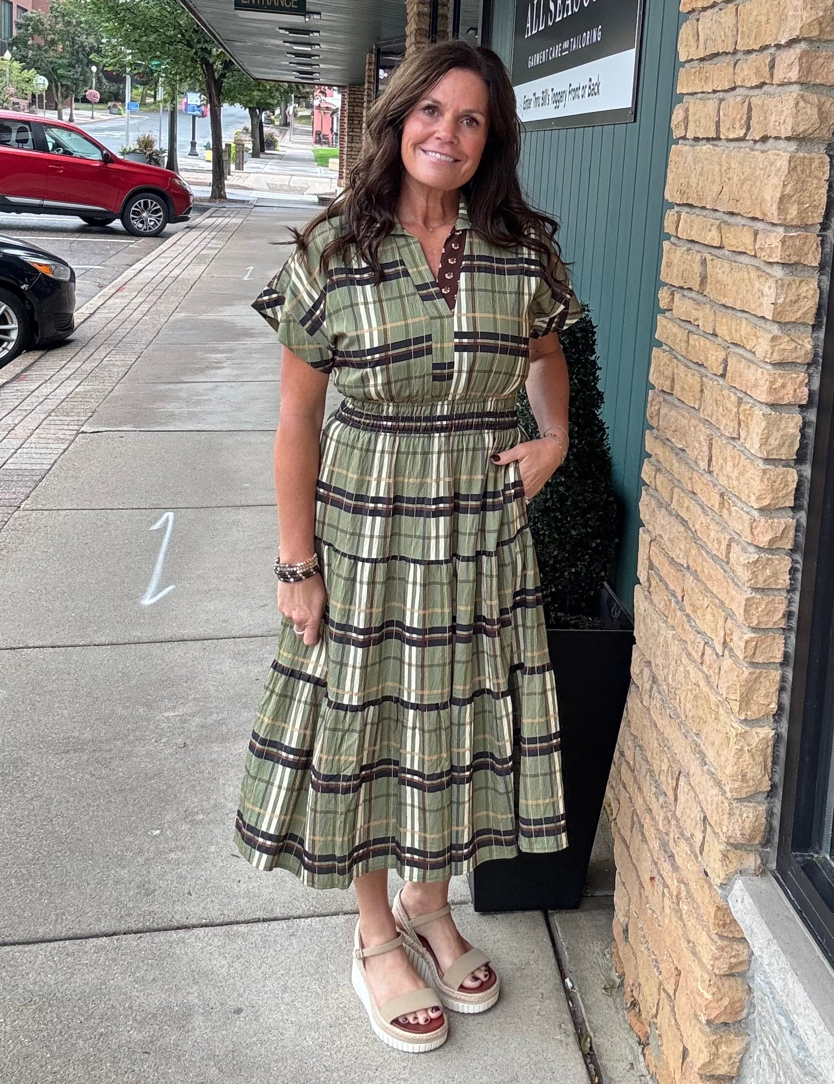 Short Sleeve Cinched Plaid Dress THML
