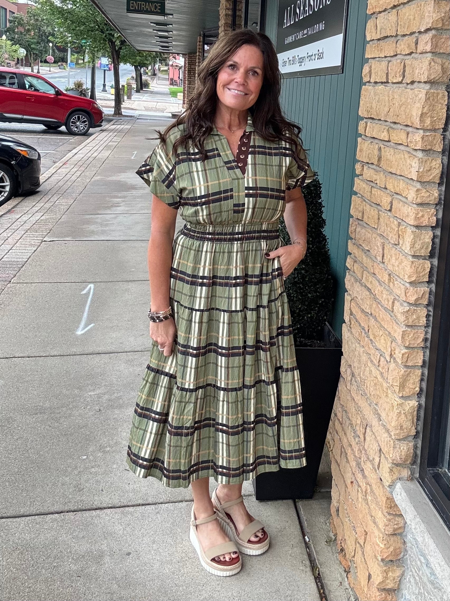 Short Sleeve Cinched Plaid Dress THML