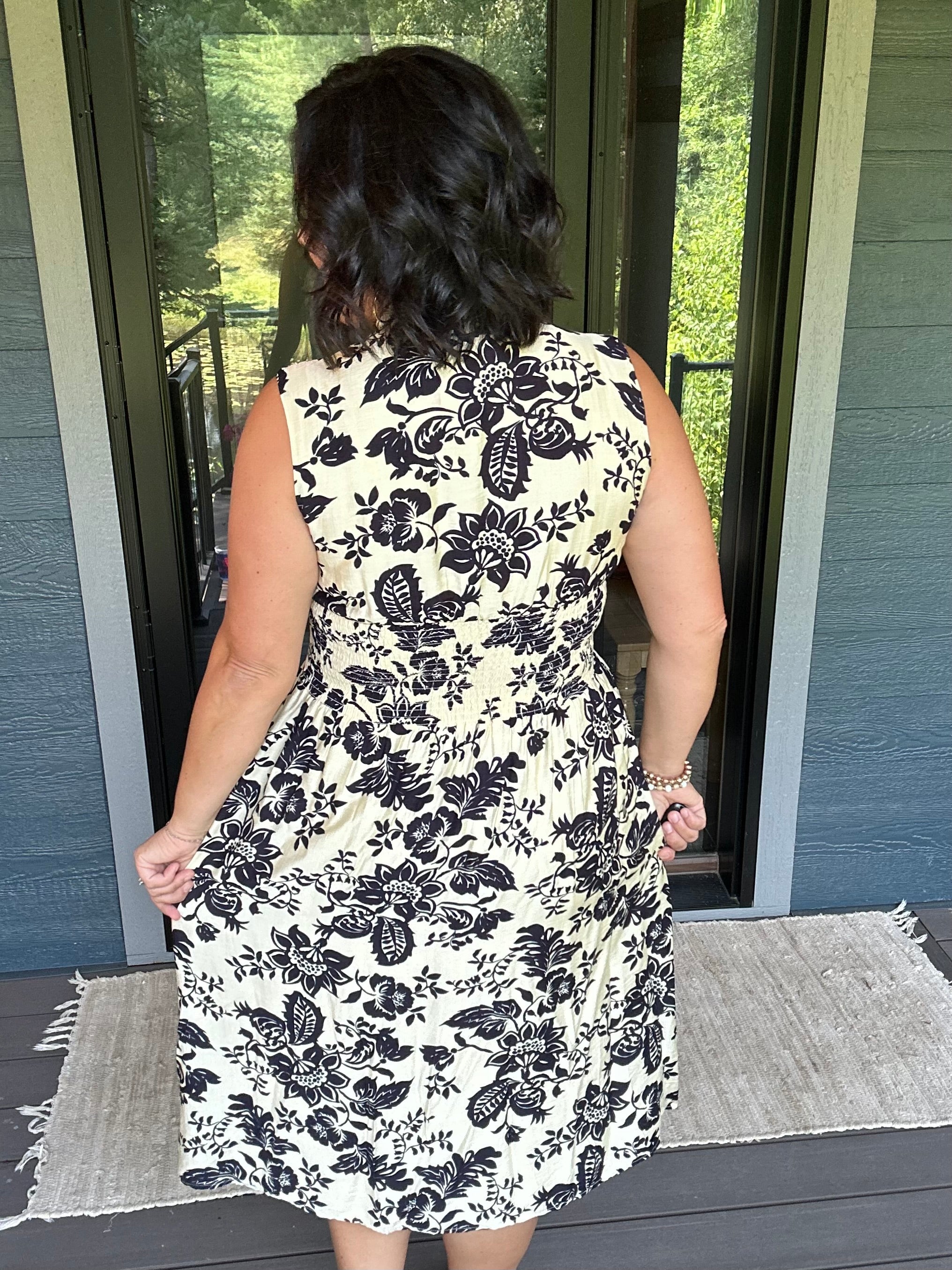 Paisley Print V-Neck Smocked Waist Zip Front Dress Dresses DOE & RAE