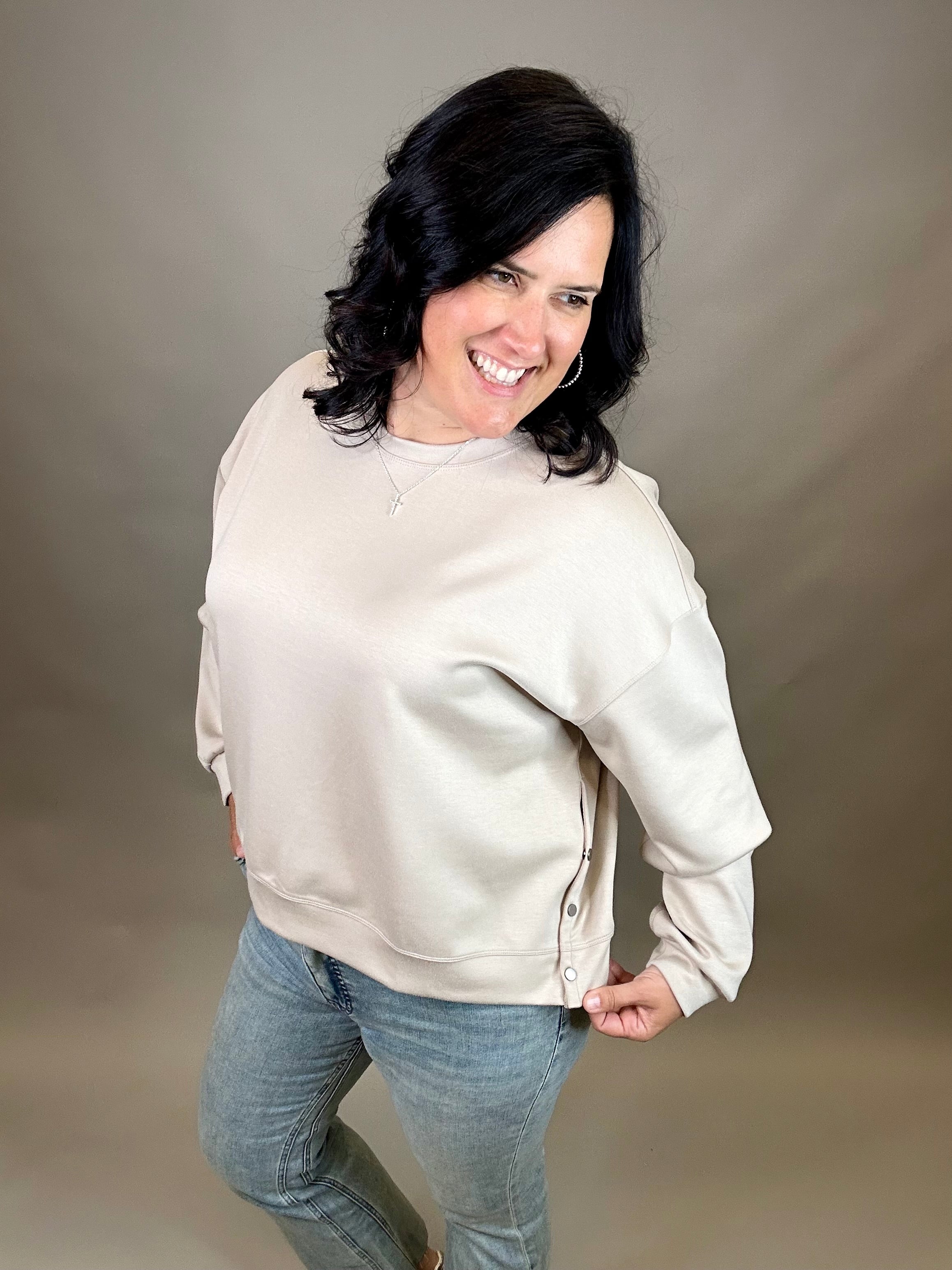 Stone Side Button Sweatshirt Top- Sweatshirts WISHLIST