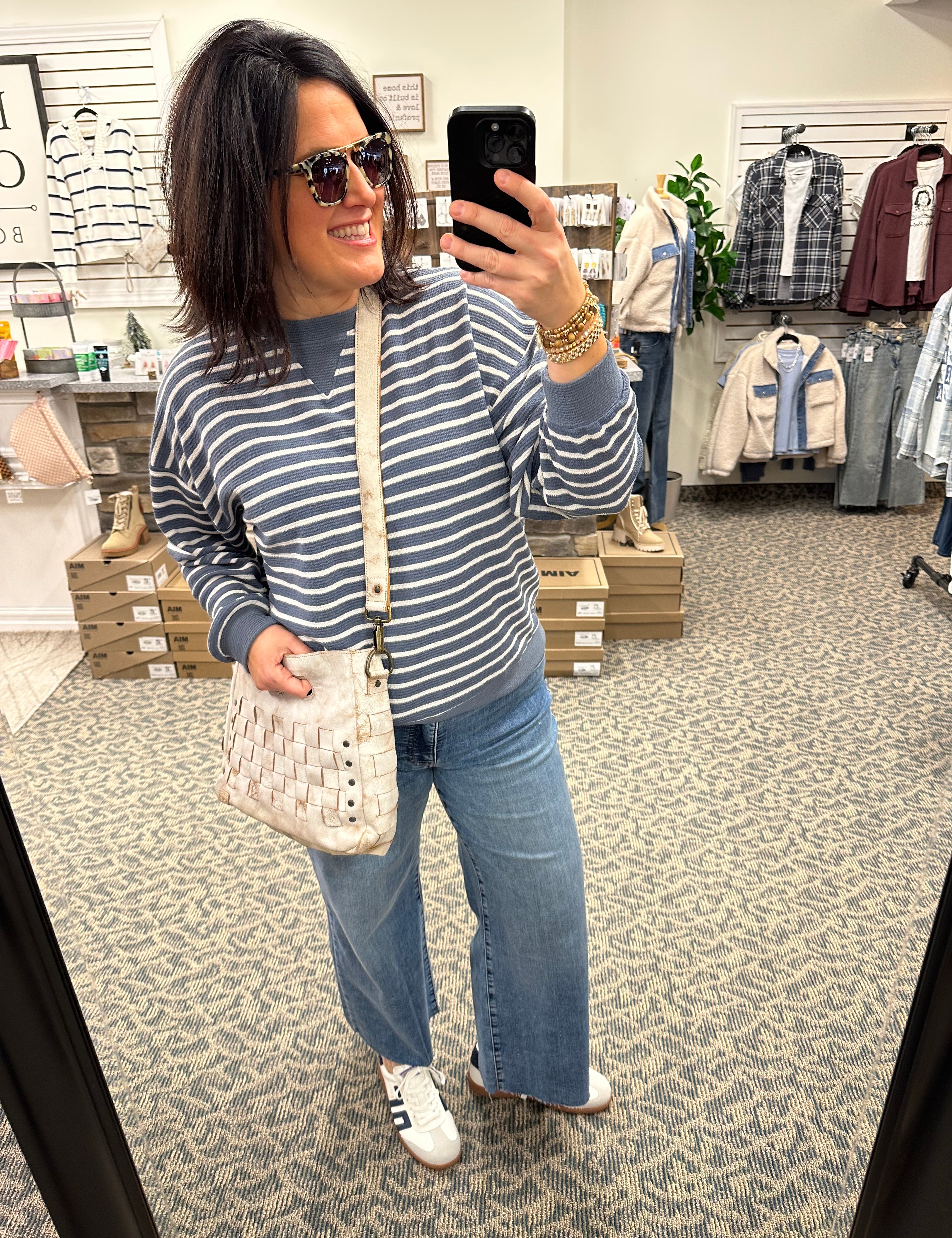 Denim Cloudy Knit Stripe Sweatshirt Top- Sweatshirt TRES BIEN