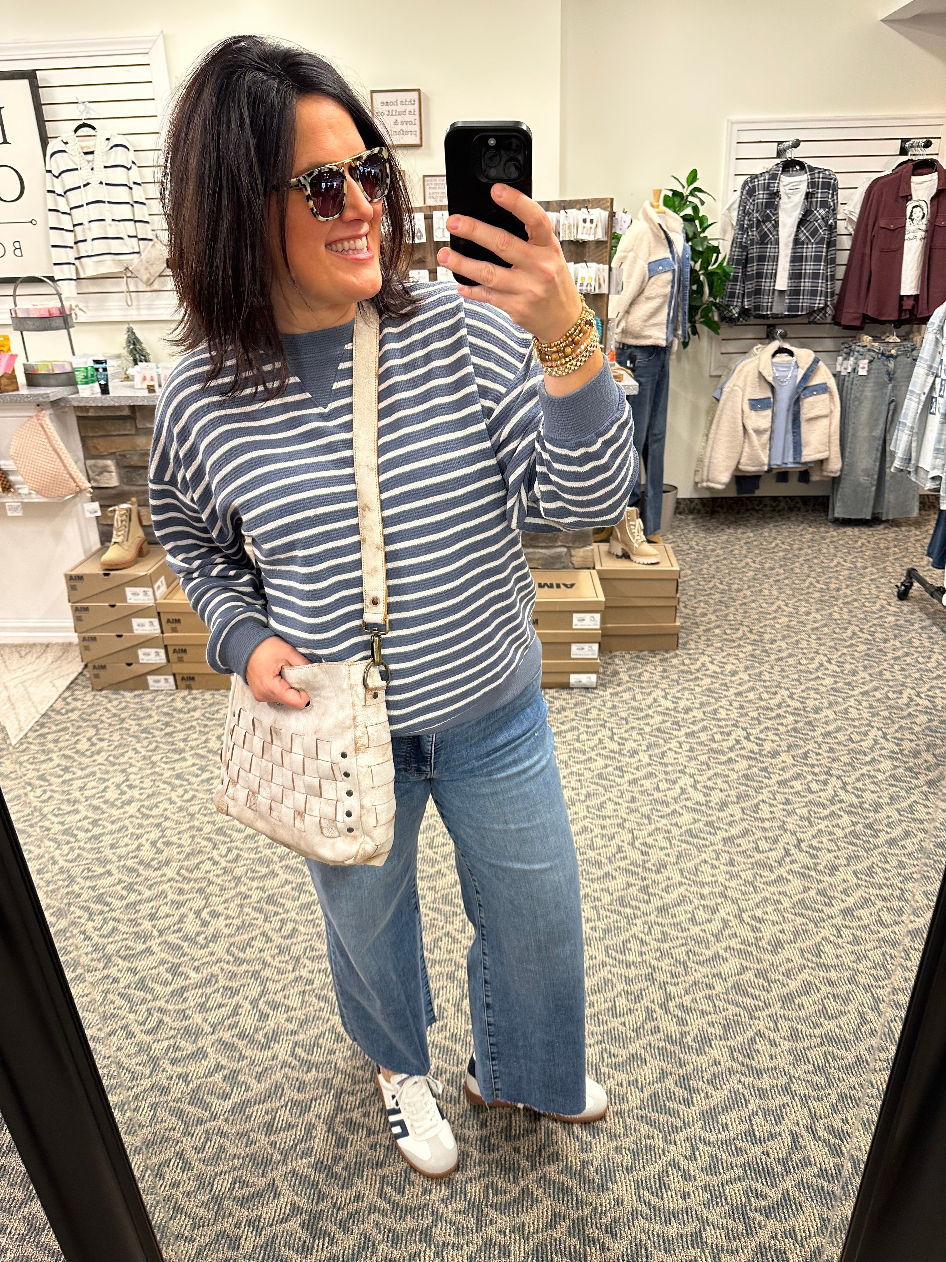 Denim Cloudy Knit Stripe Sweatshirt Top- Sweatshirt TRES BIEN