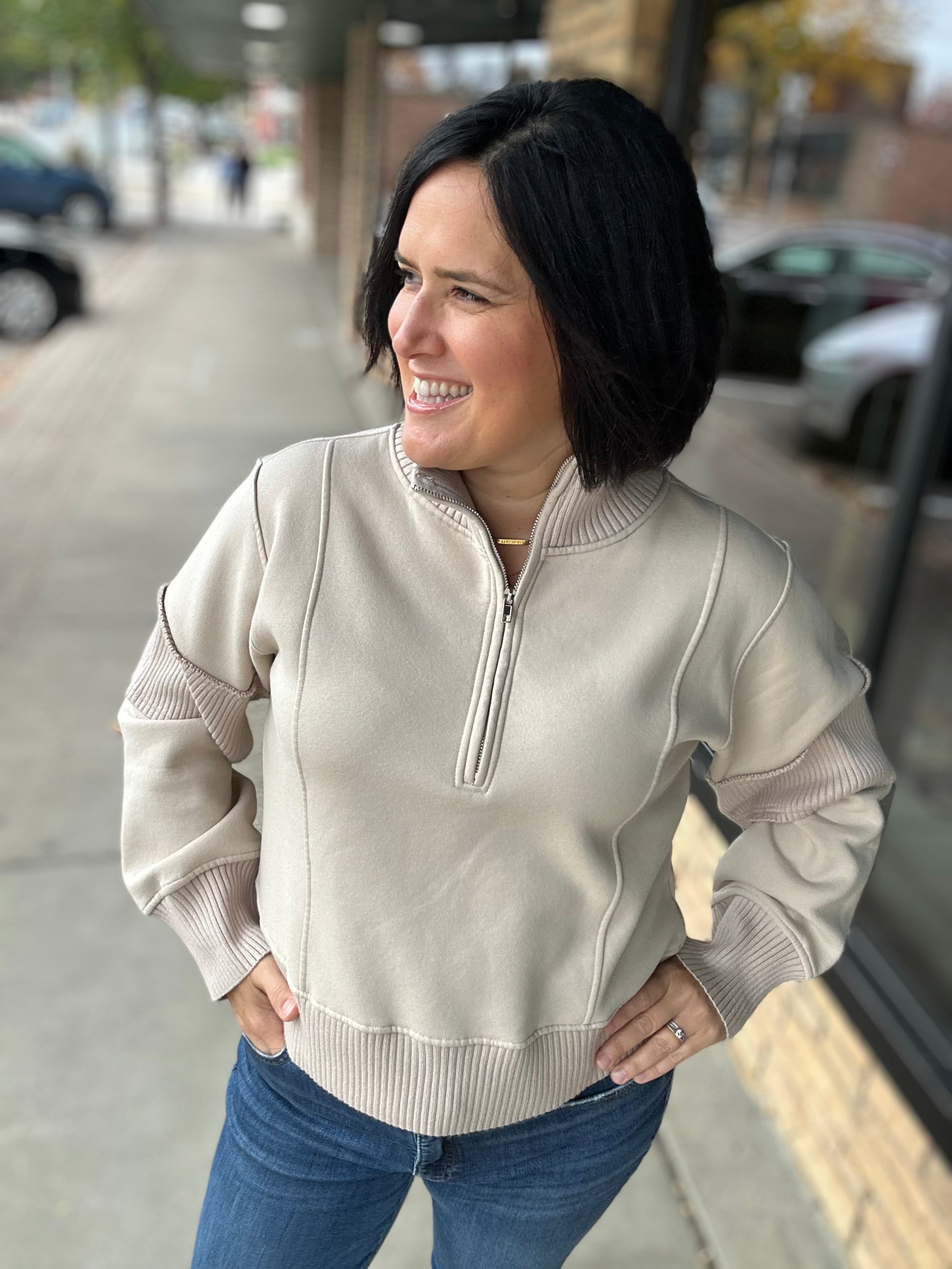 Sand Half Zip-Up Brushed Terry Top Top - Sweatshirt HEM & THREAD