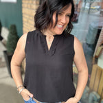 Black Ruffle V Neck Sleeveless Tops- Blouses STACCATO