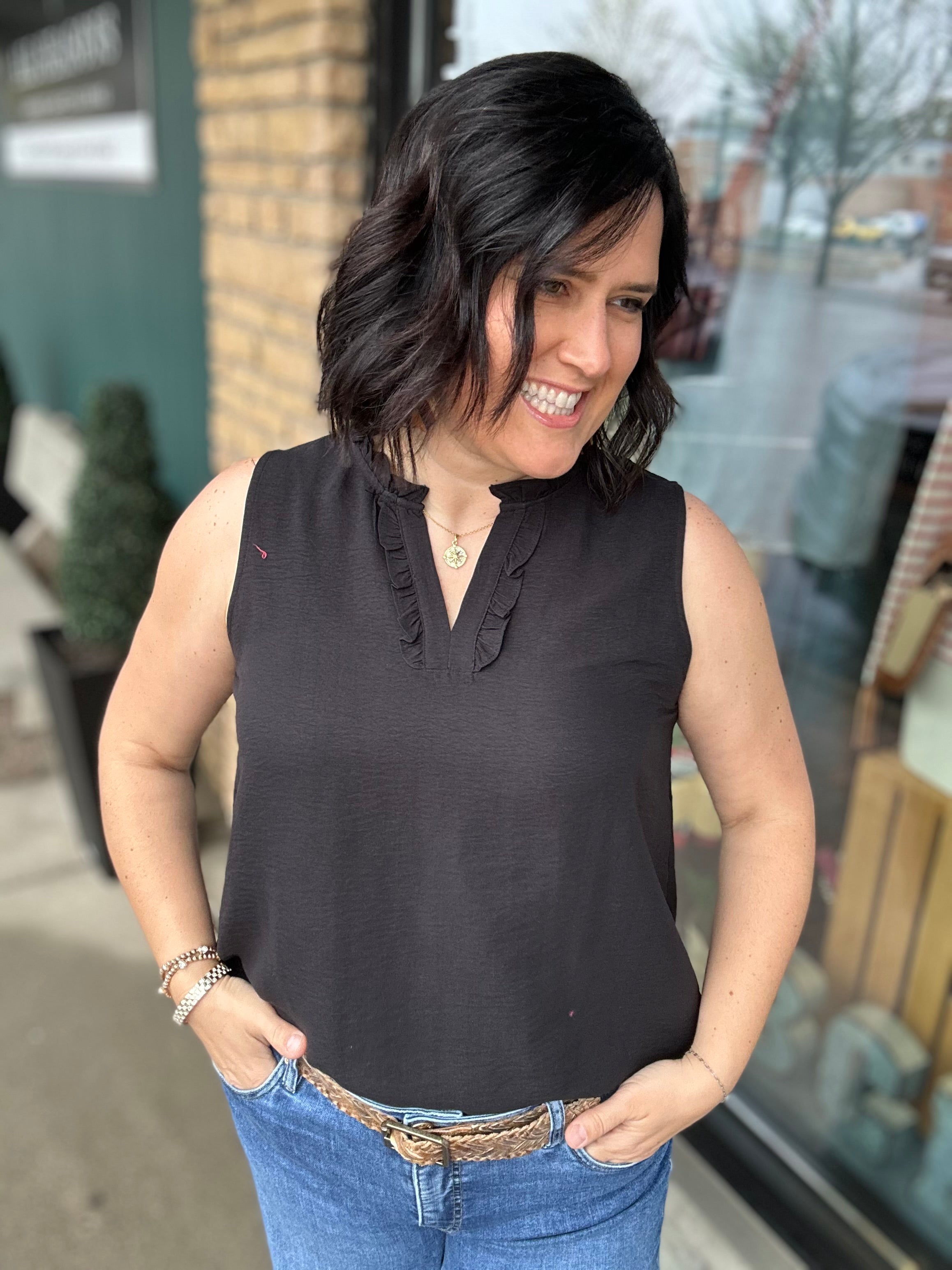 Black Ruffle V Neck Sleeveless Tops- Blouses STACCATO