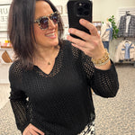 Black Split Neck Open Knit Sweater Top - Sweater DOE & RAE