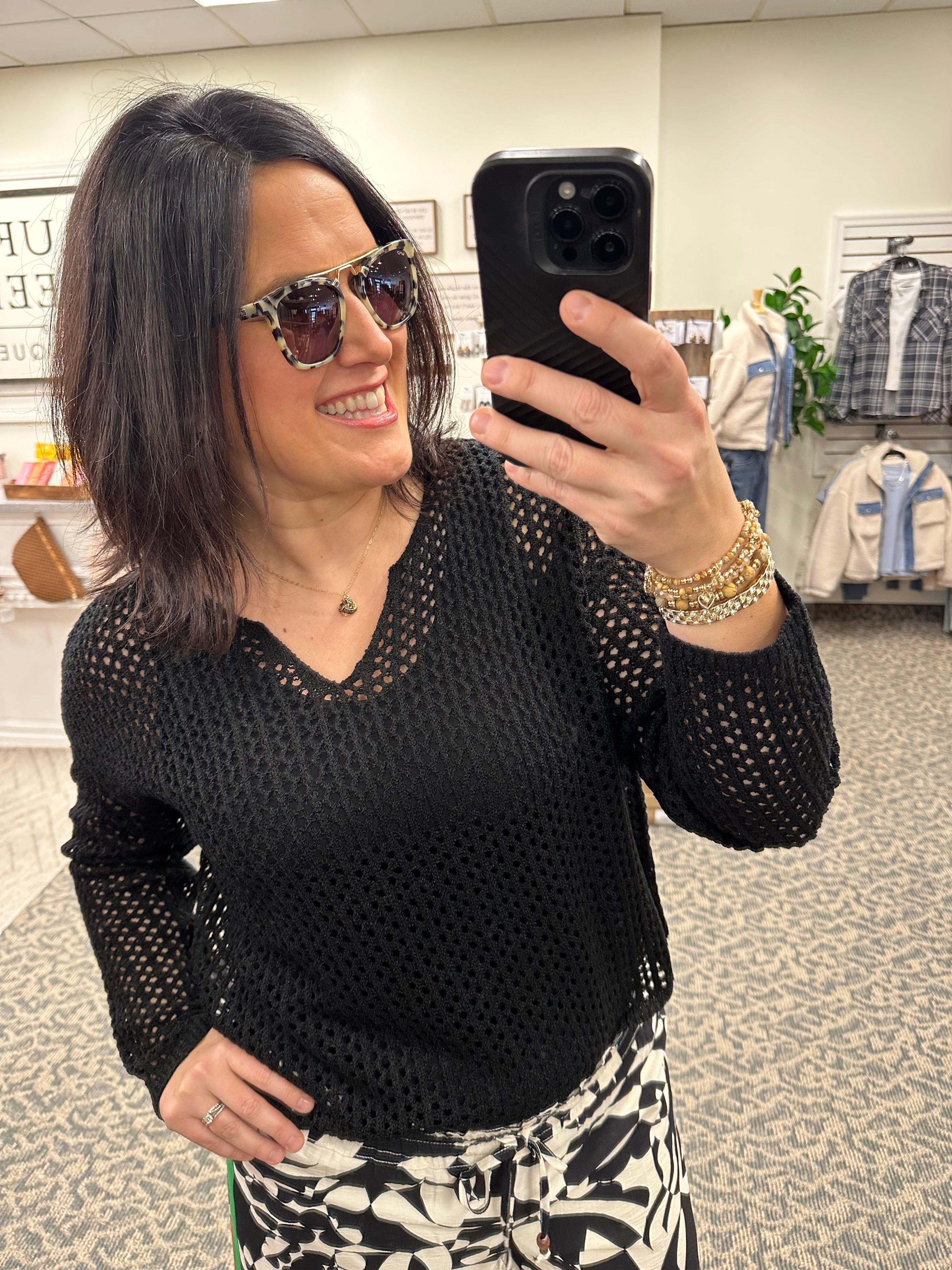 Black Split Neck Open Knit Sweater Top - Sweater DOE & RAE