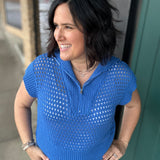 Royal Blue Zip Up Sweater Top - Sweater Mystree
