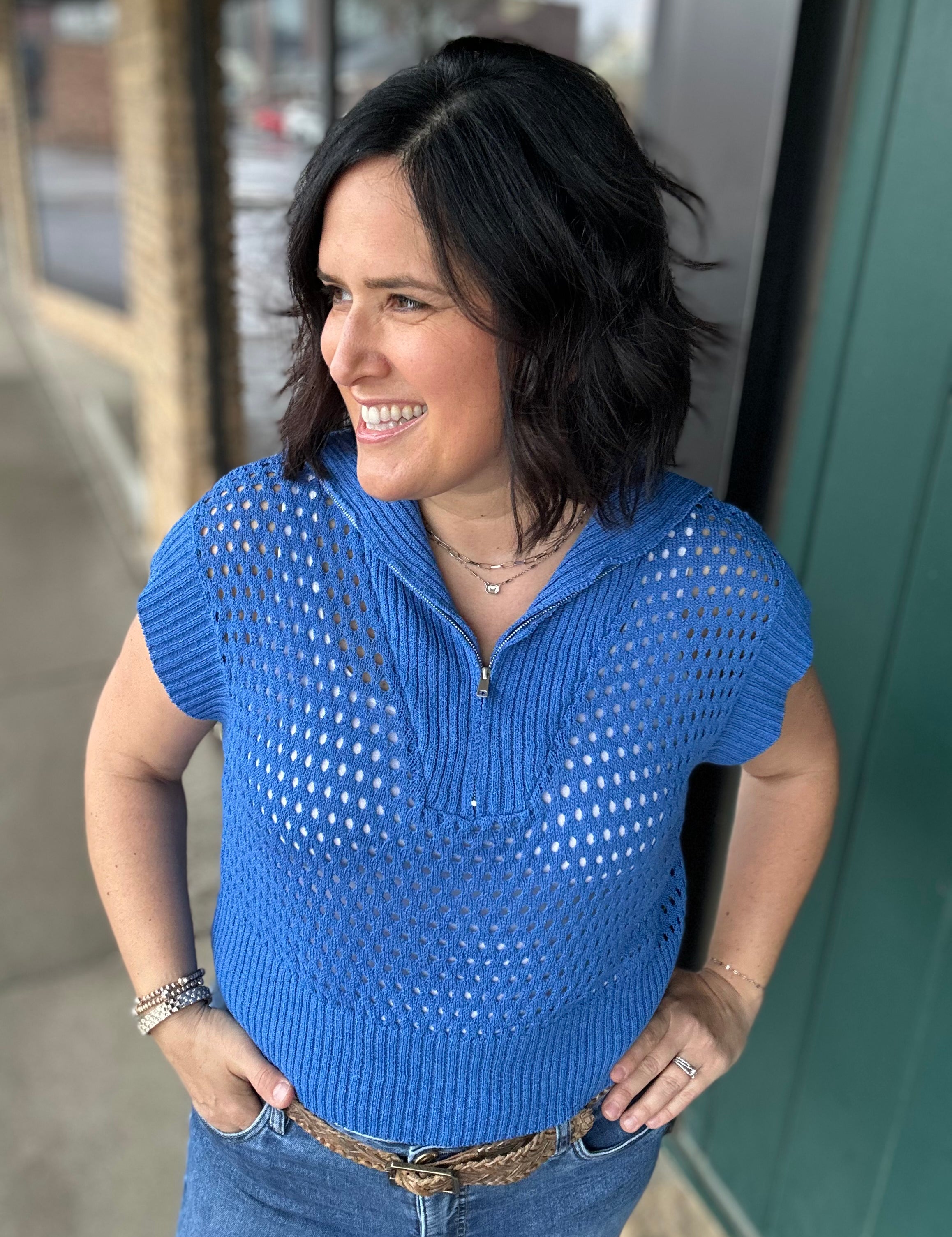 Royal Blue Zip Up Sweater Top - Sweater Mystree