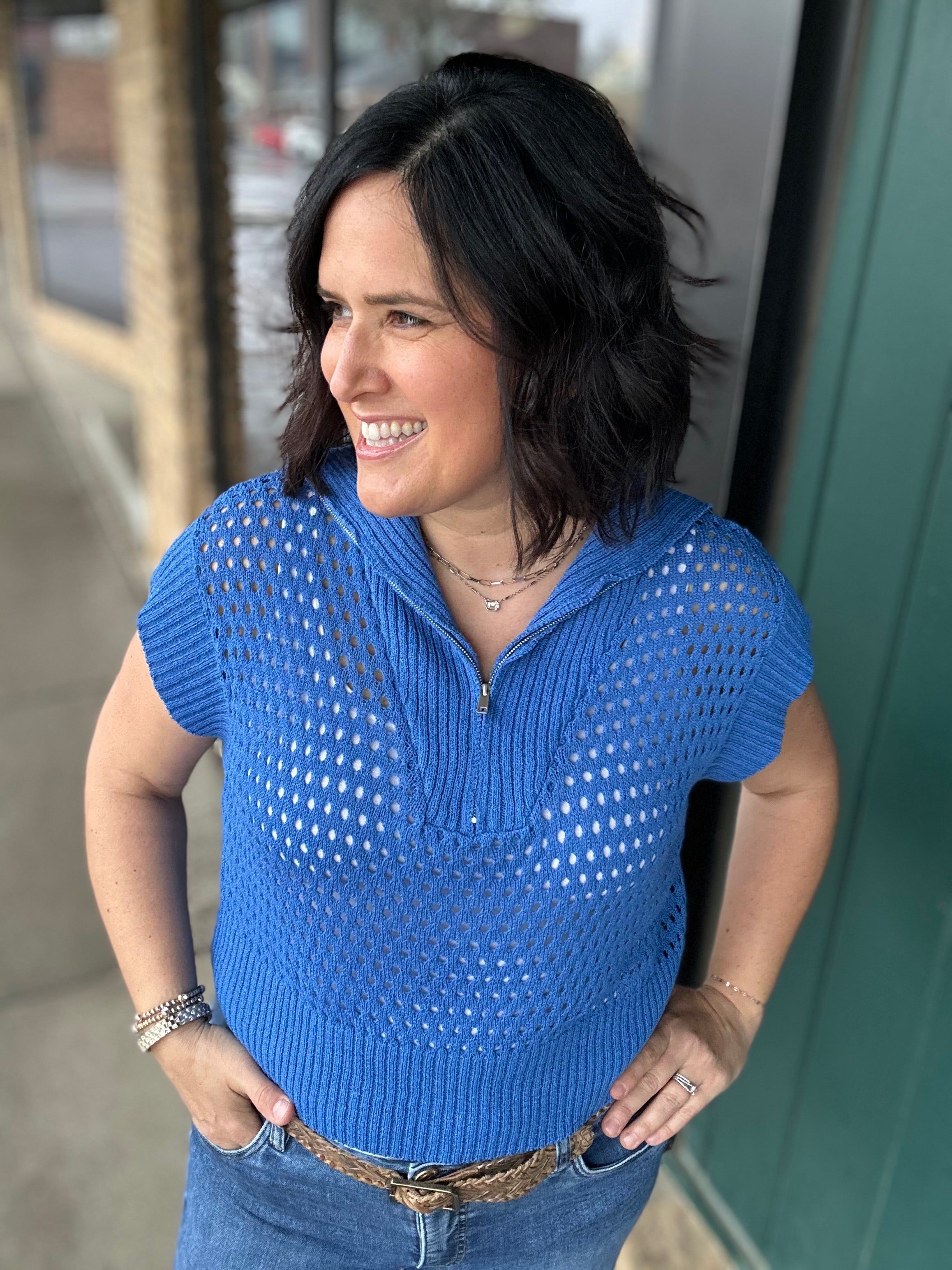 Royal Blue Zip Up Sweater Top - Sweater Mystree