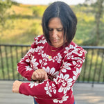 Burgundy Ivory Large Floral Puff Sleeve Knit Sweater Top - Sweater VOY