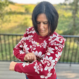 Burgundy Ivory Large Floral Puff Sleeve Knit Sweater Top - Sweater VOY