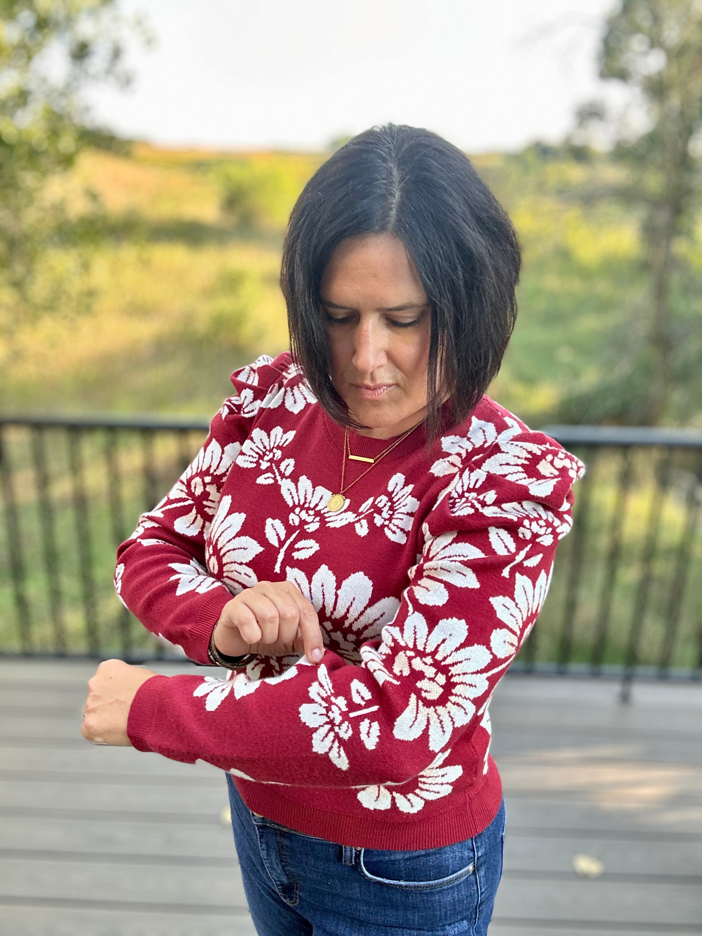 Burgundy Ivory Large Floral Puff Sleeve Knit Sweater Top - Sweater VOY