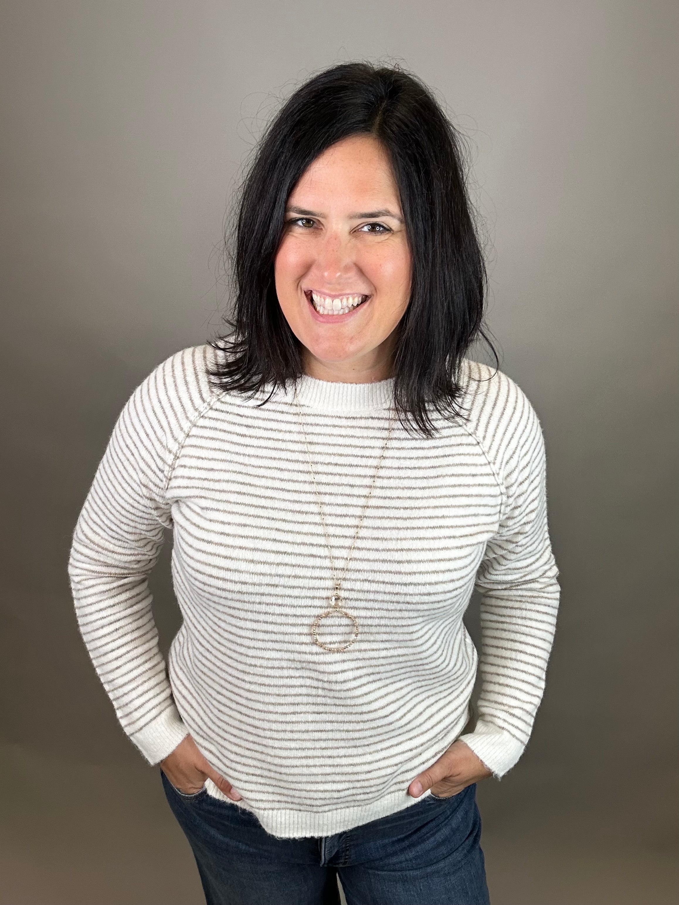 Taupe Striped Raglan Sweater Top - Sweater STACCATO