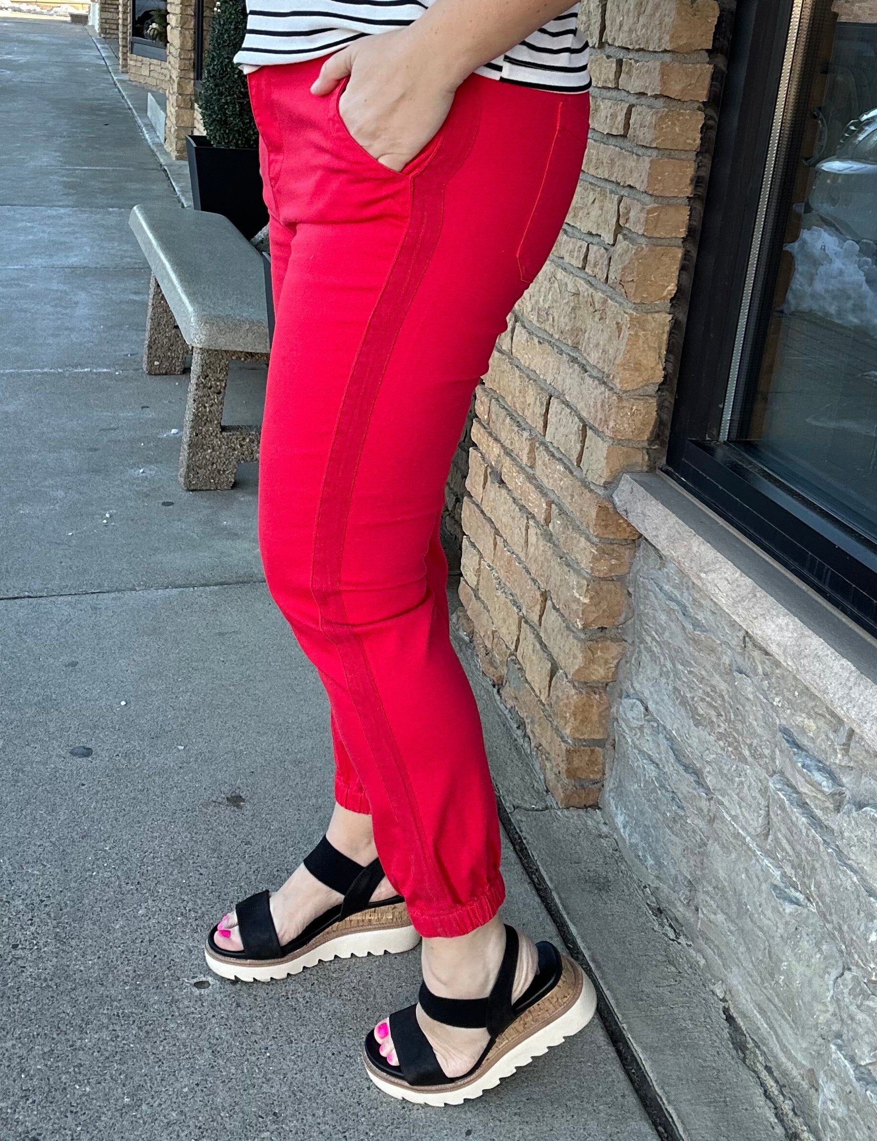 Scarlet Red High-Rise Crop Jogger Pants Bottoms- Joggers RISEN