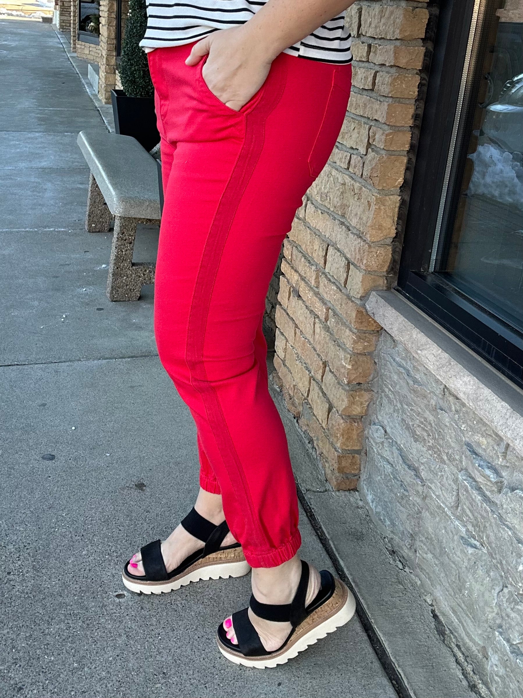 Scarlet Red High-Rise Crop Jogger Pants Bottoms- Joggers RISEN