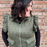 Olive Ruffle Sleeve Quilted Vest