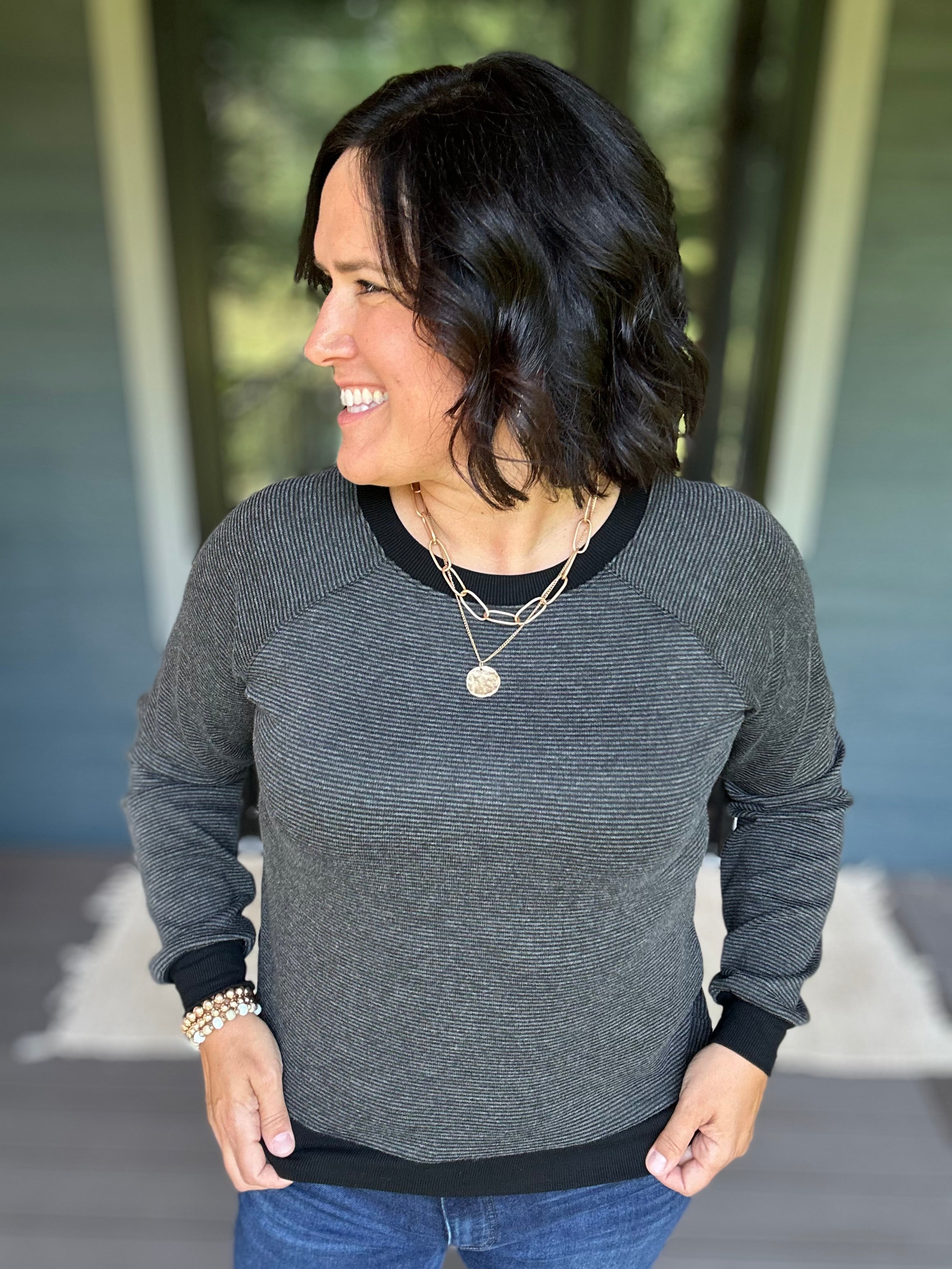 Charcoal Pinstripe Raglan Top Top - Sweater STACCATO