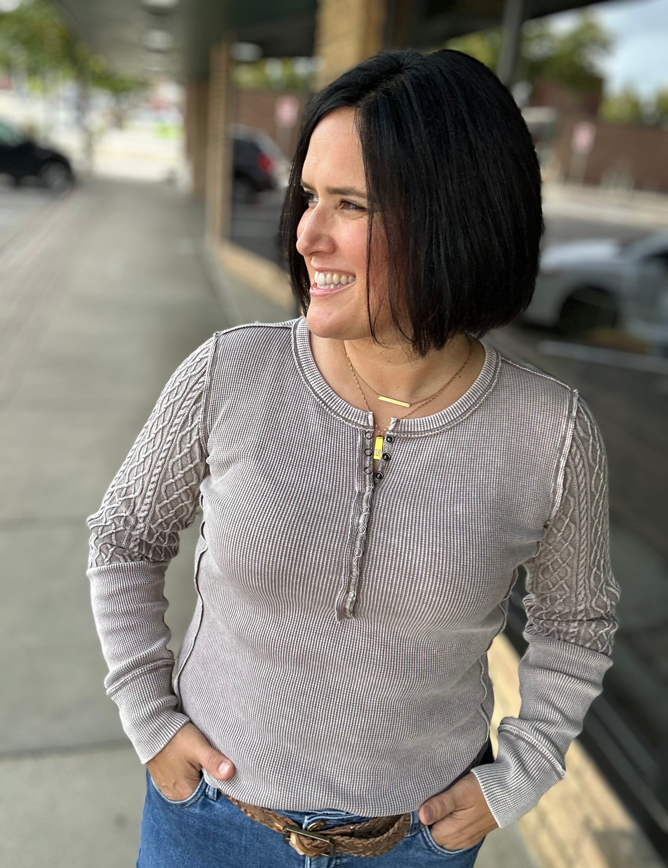 Grey Hattieville Mixed Media Henley Tops- Long Sleeve FLAG AND ANTHEM