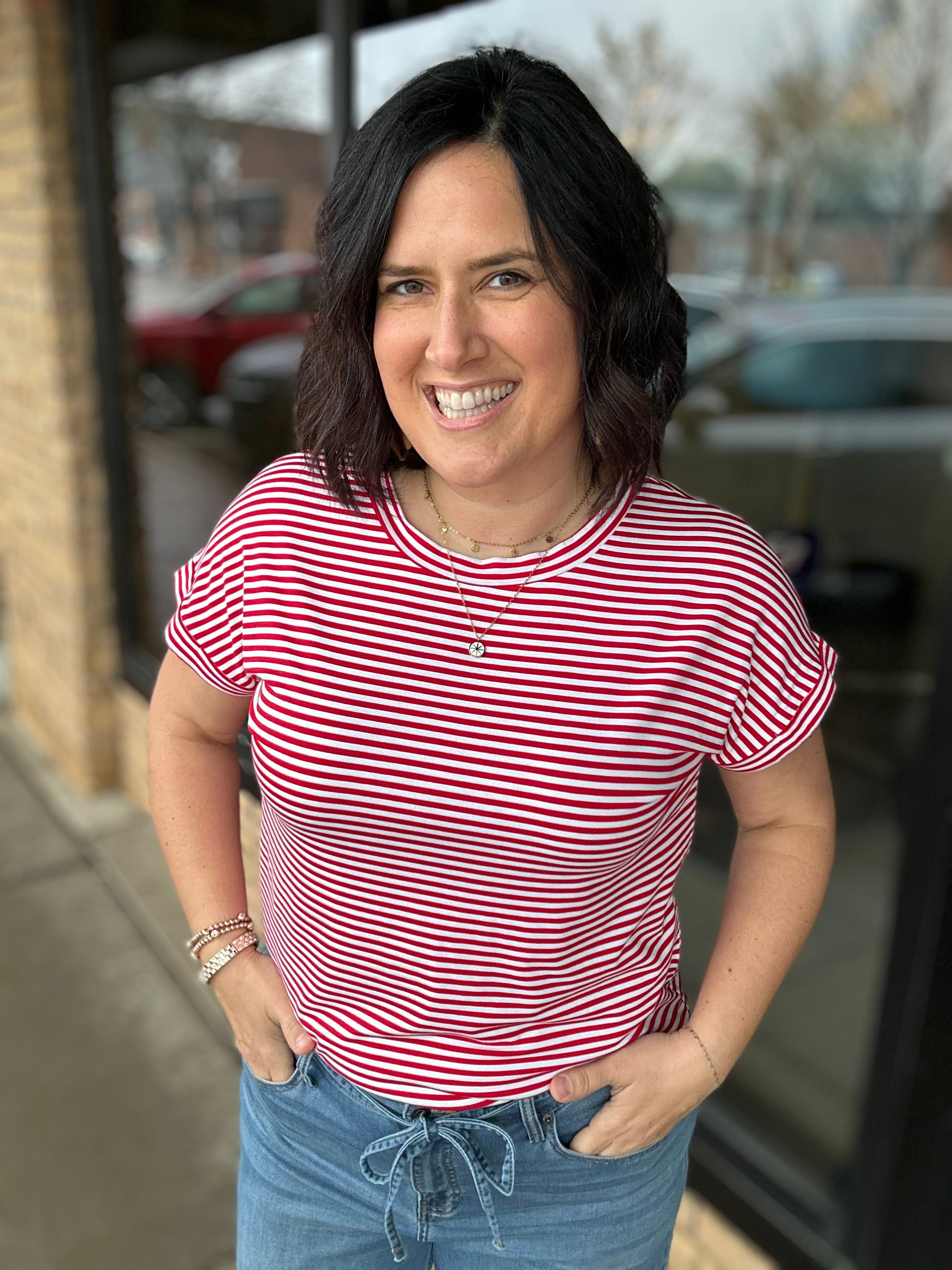 Red/White Stripe Round Neck Jersey Top Top - Tee STACCATO